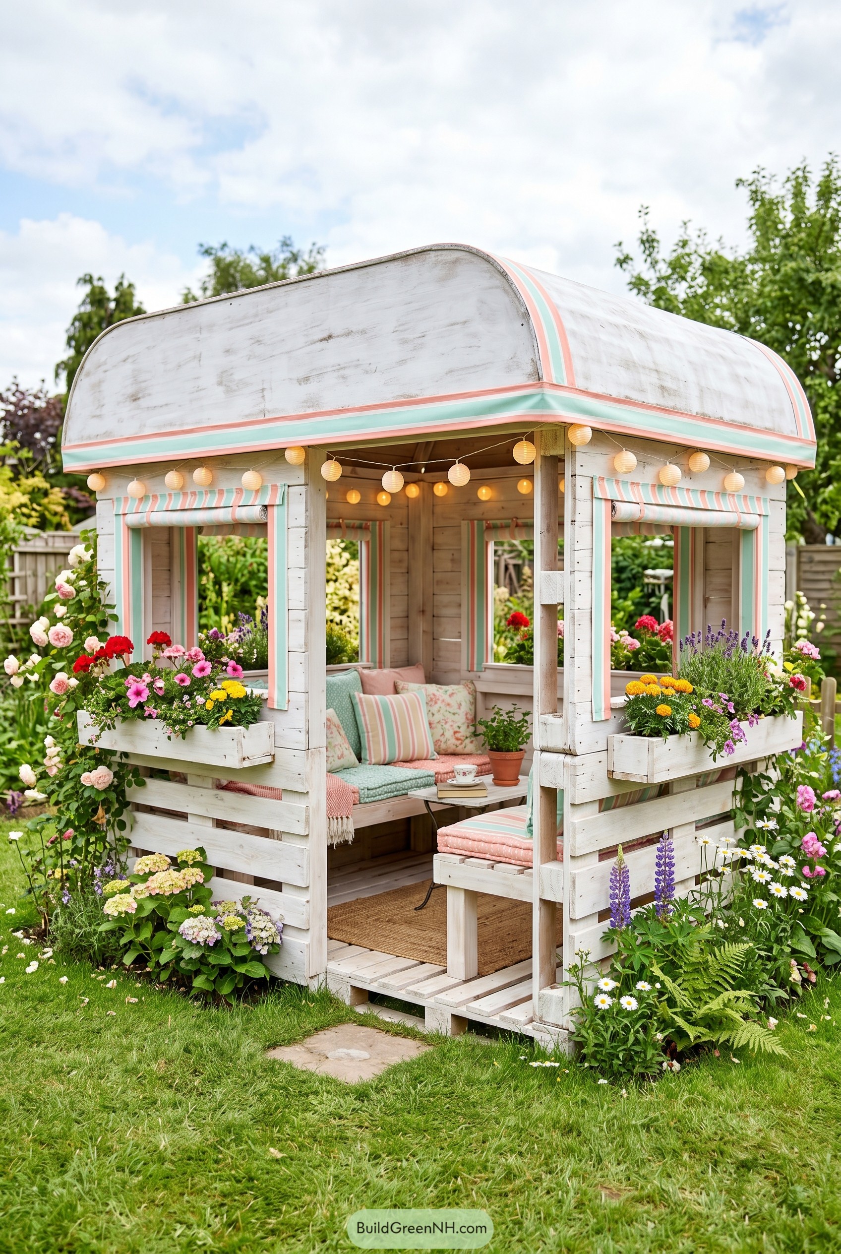 Pastel striped garden pavilion with flowers