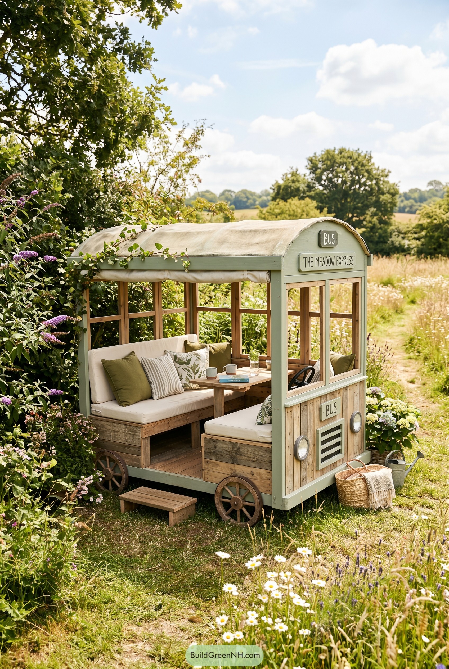 Bus shaped garden lounge in a meadow