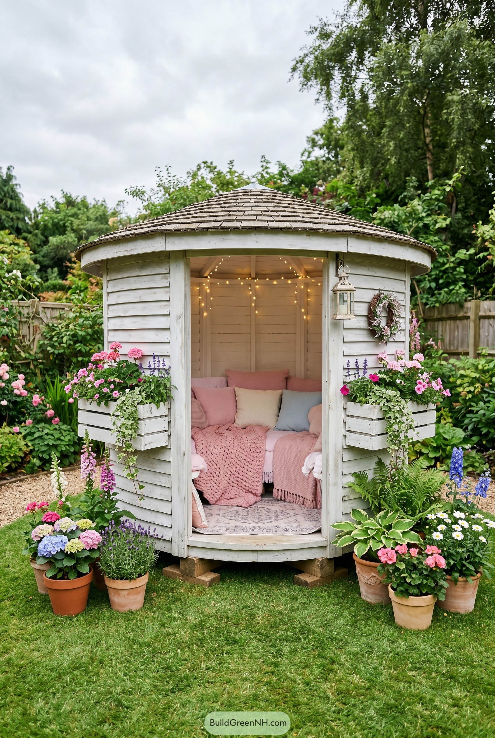 White garden gazebo with pastel seating and flowers