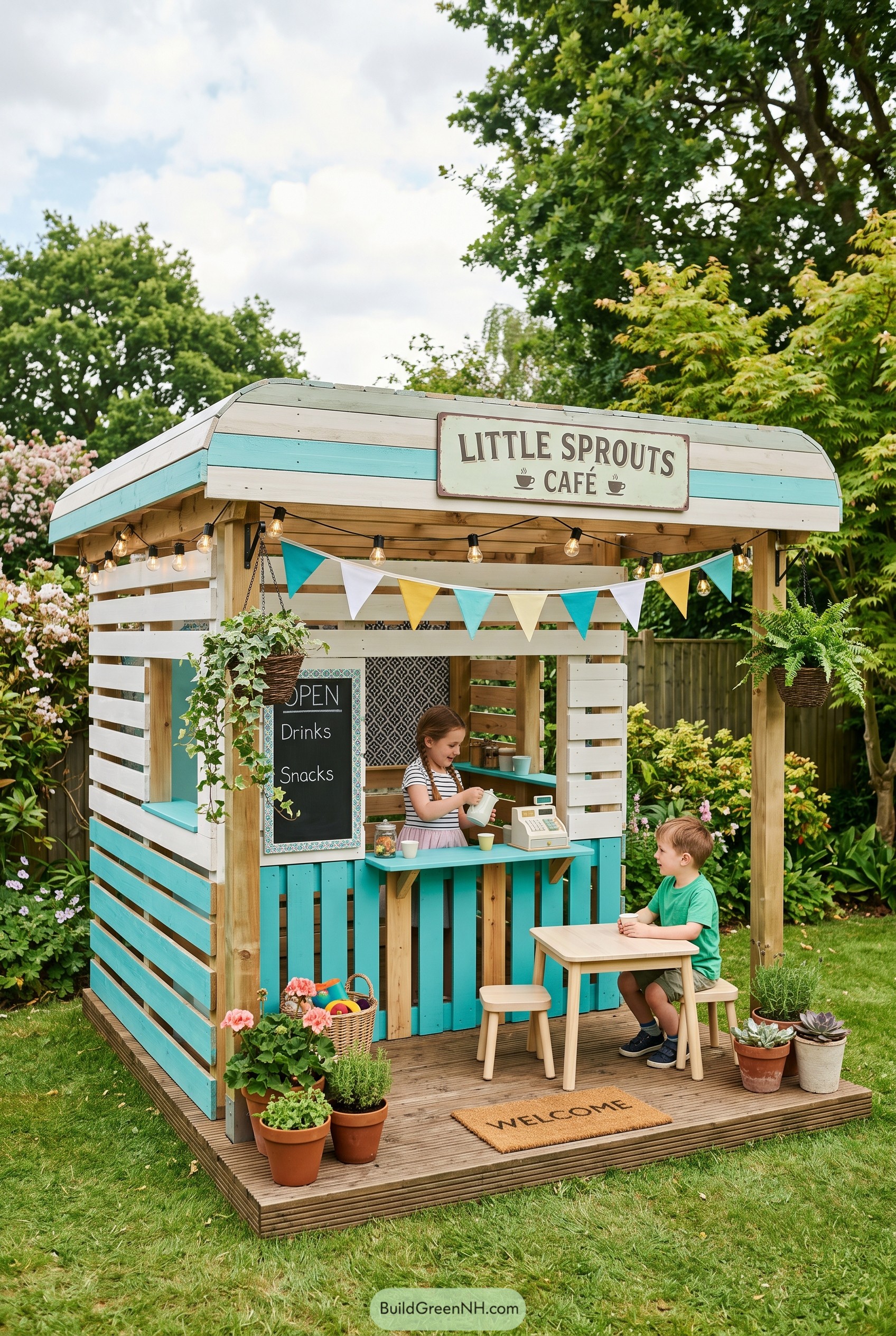 Teal garden cafe playhouse for children