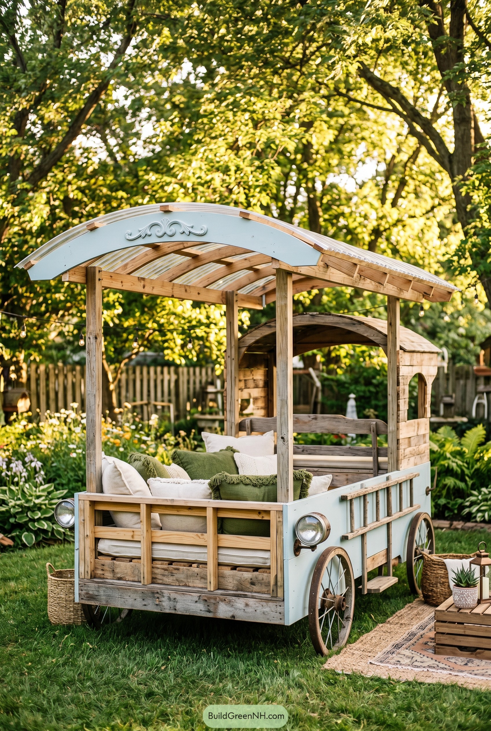Wooden garden wagon lounge with curved roof
