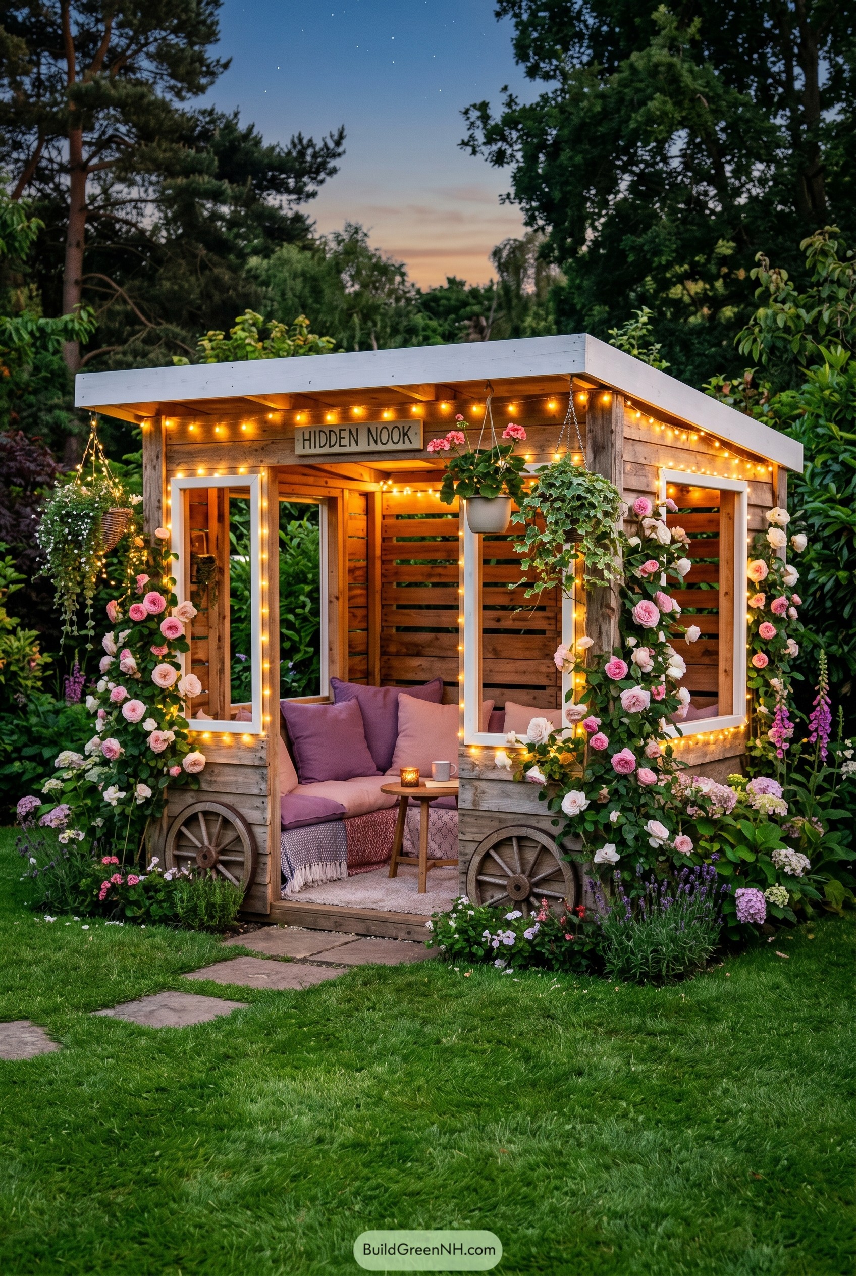 Wooden garden nook with roses and cushions