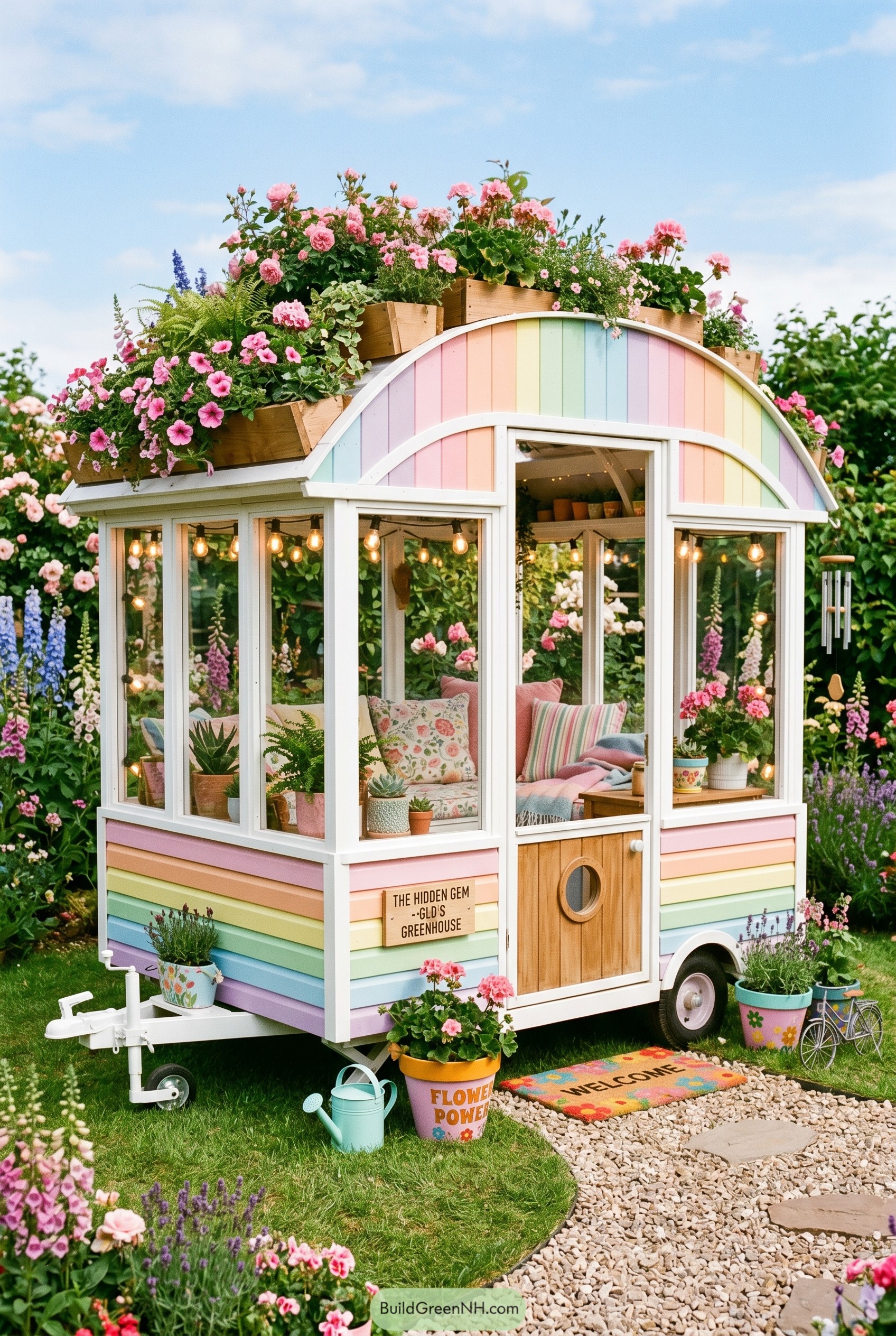 Pastel mobile greenhouse with flowers