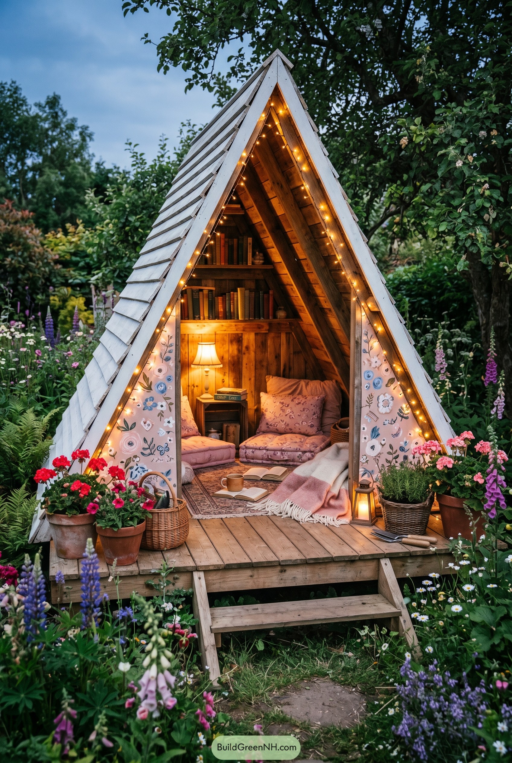 A-frame garden reading nook with glowing garlands