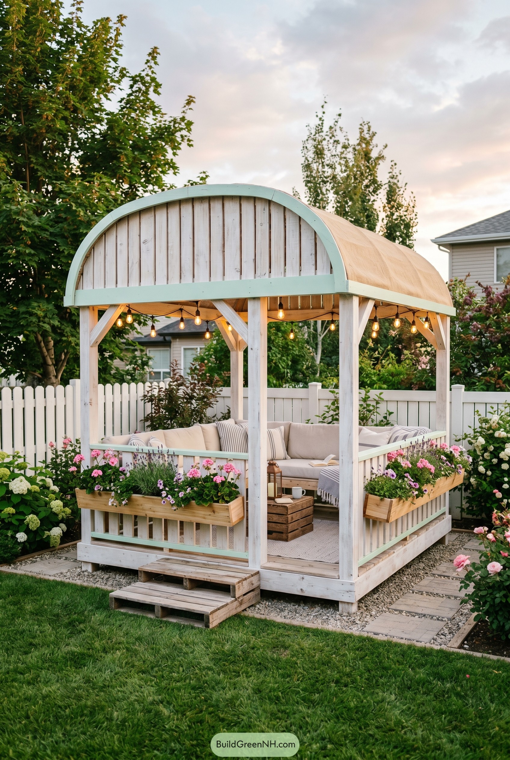 Mint trimmed backyard pavilion with flower boxes
