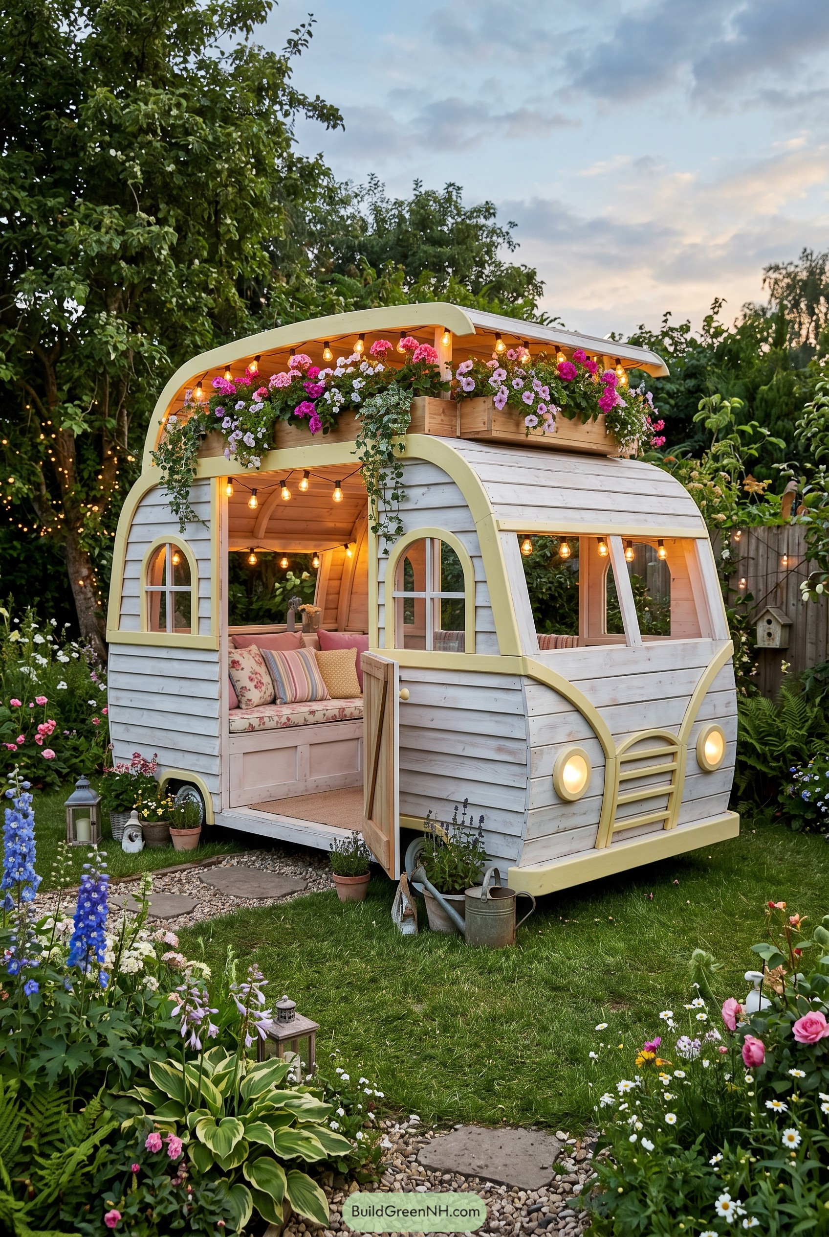 Camper style garden lounge with flowers and glowing bulbs