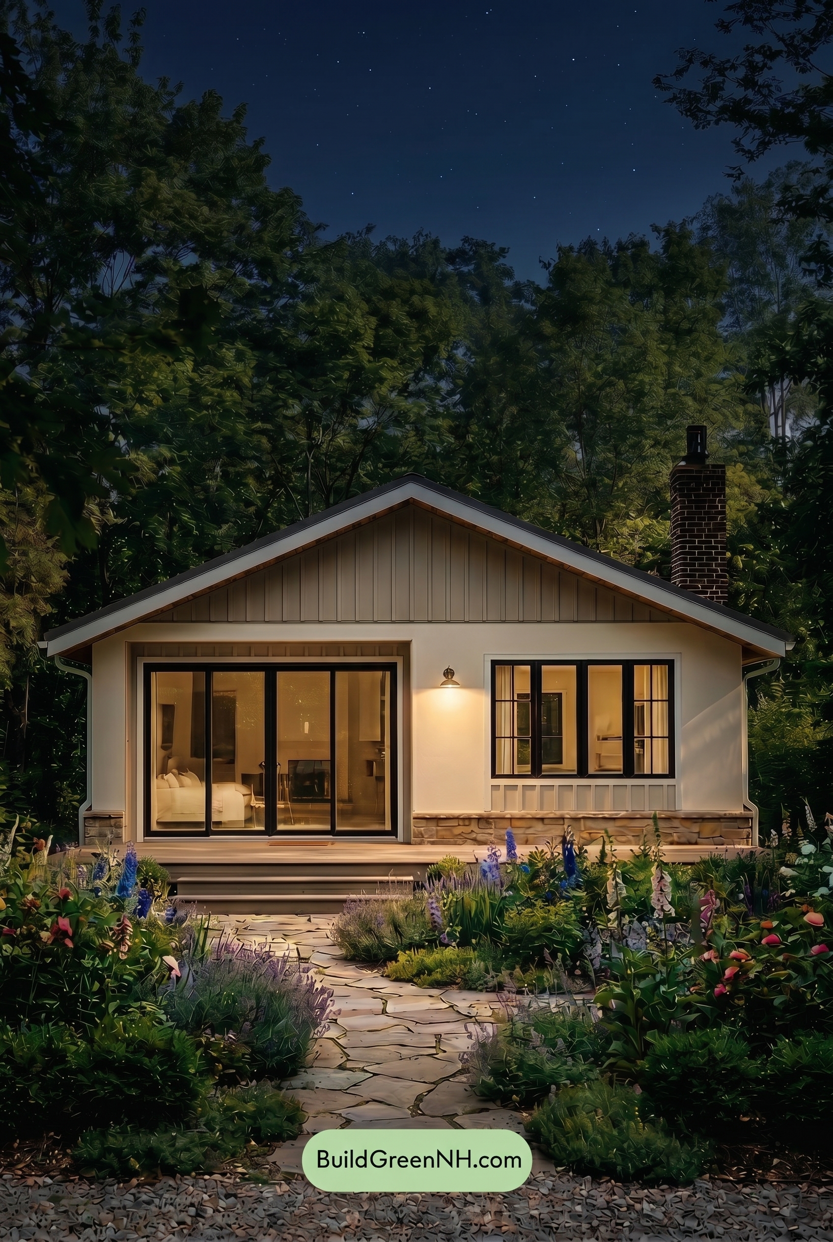Warm White House Exterior Color Scheme: Cream Stone Glow - Nighttime