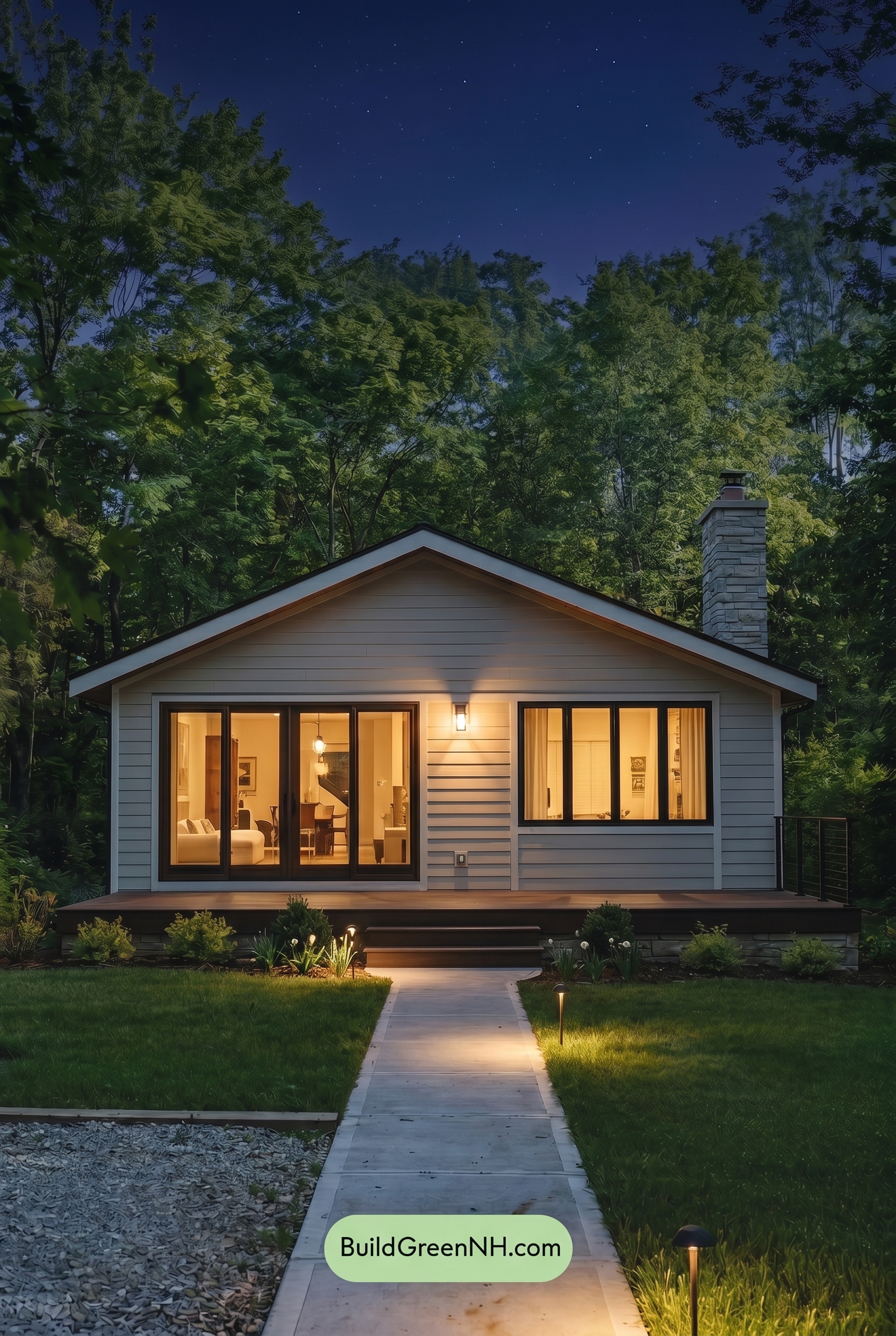 Warm White House Exterior Color Scheme: Soft Ivory Porch - Nighttime