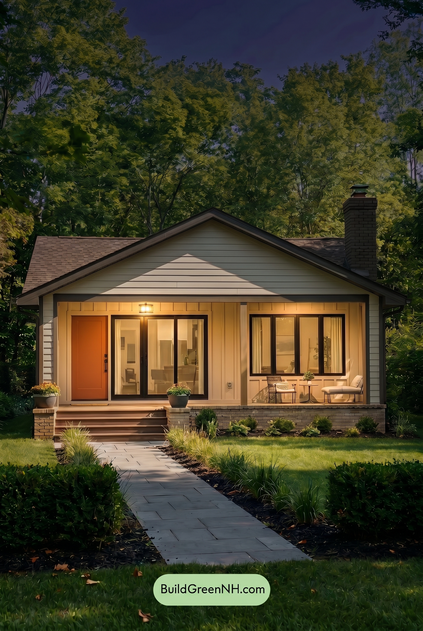 Warm White House Exterior Color Scheme: Vanilla Cedar Lines - Nighttime