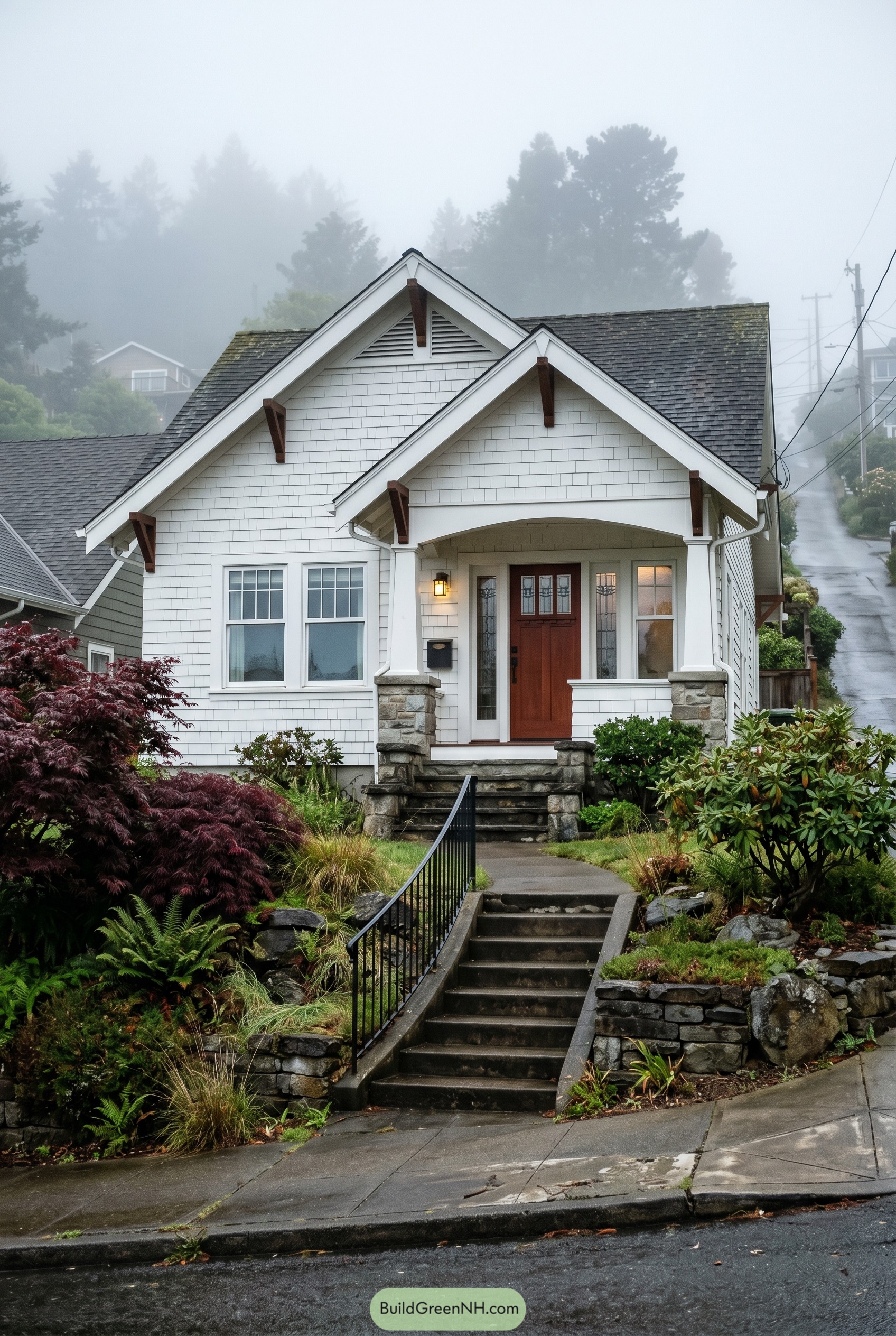 White craftsman bungalow with stone porch and wood door