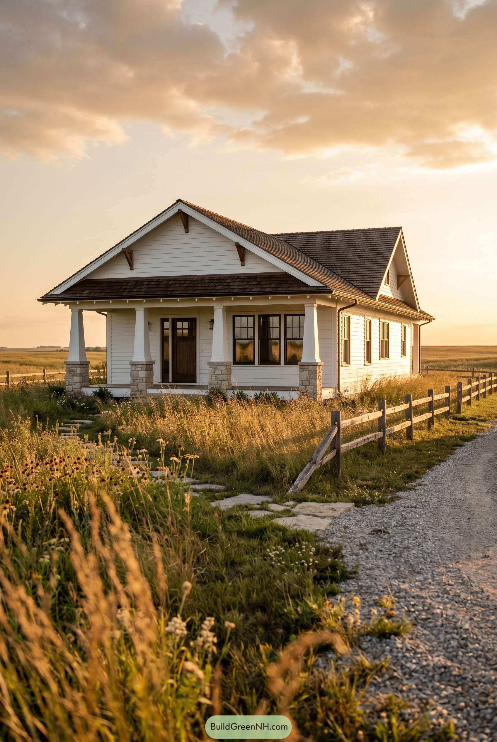 White craftsman bungalow with stone porch piers