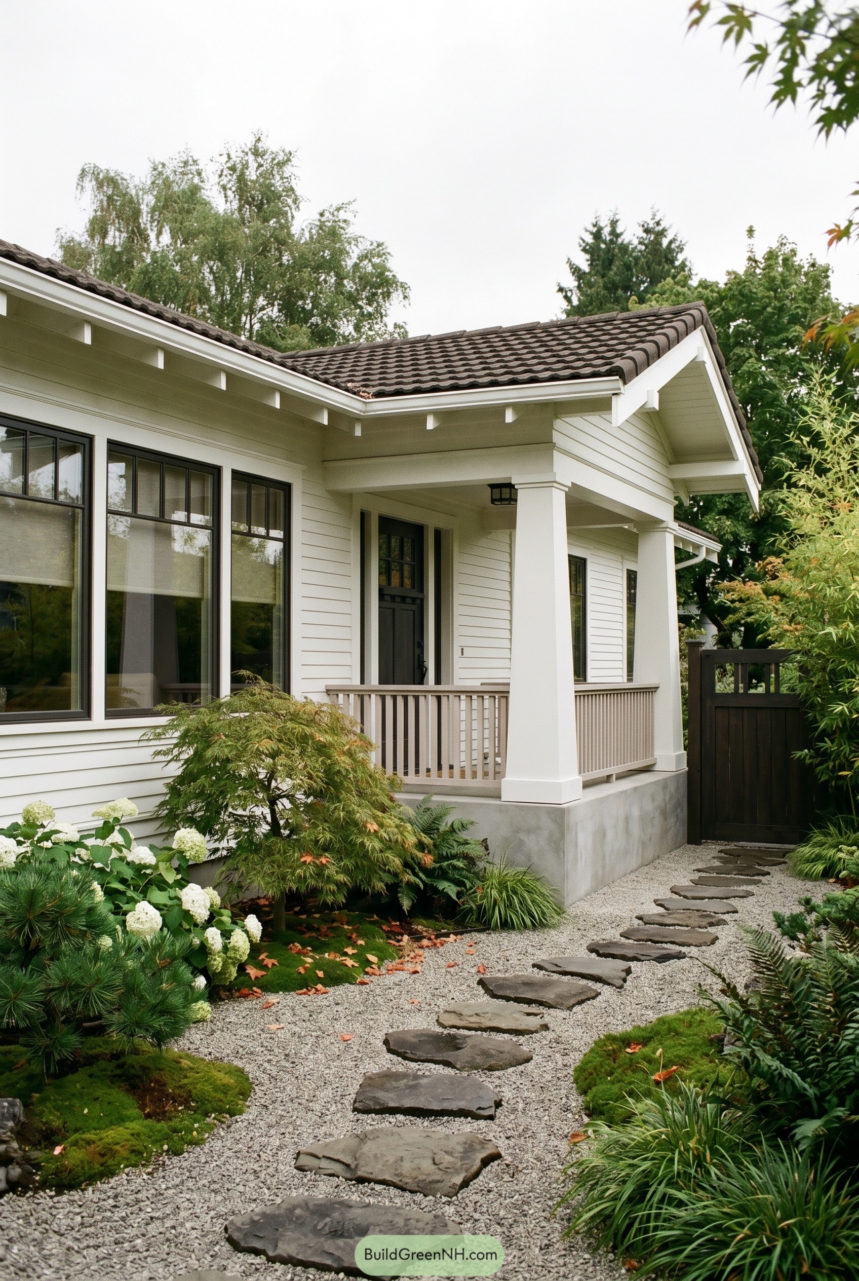 White craftsman bungalow with gravel path and porch