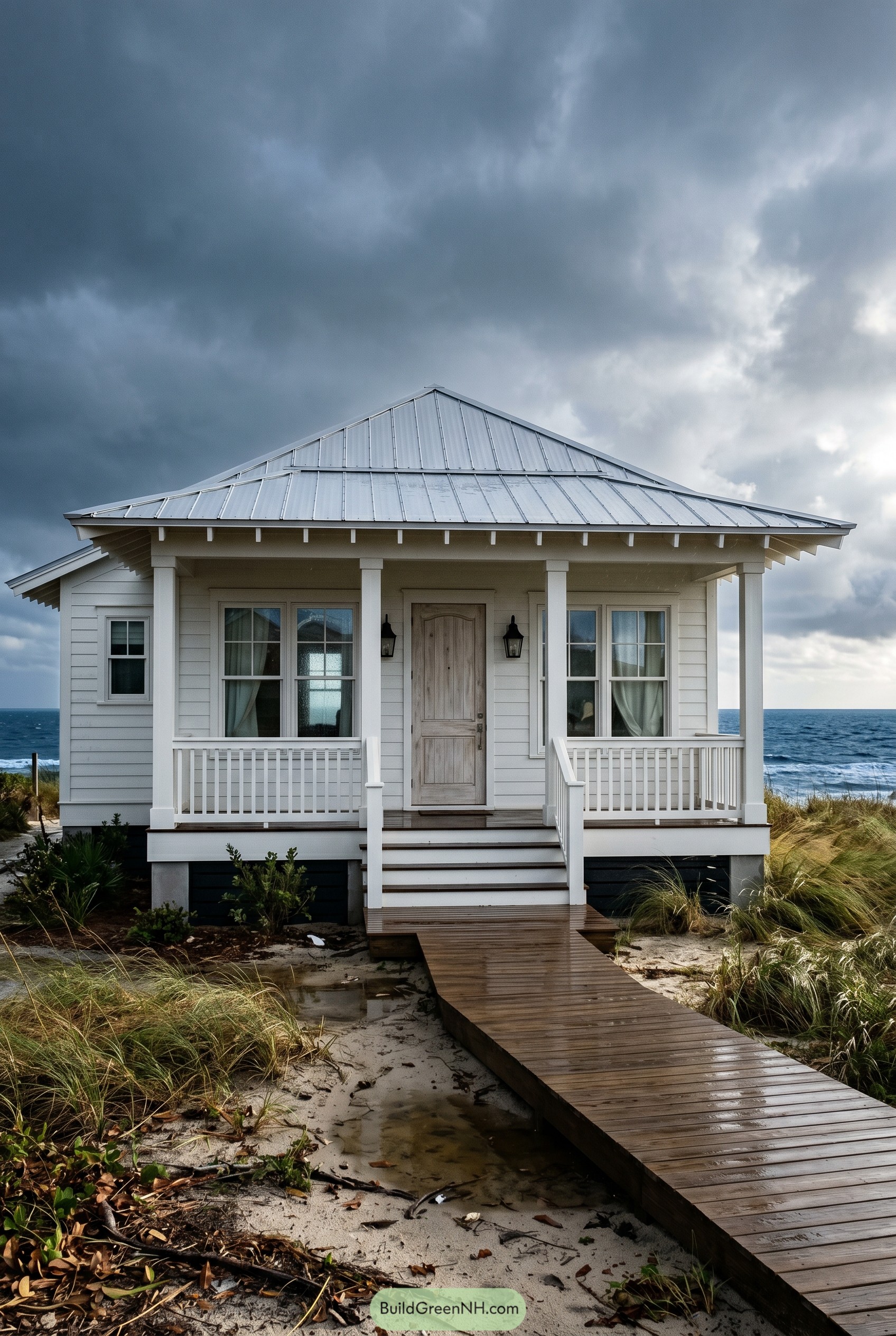 White beach bungalow with porch and metal roof