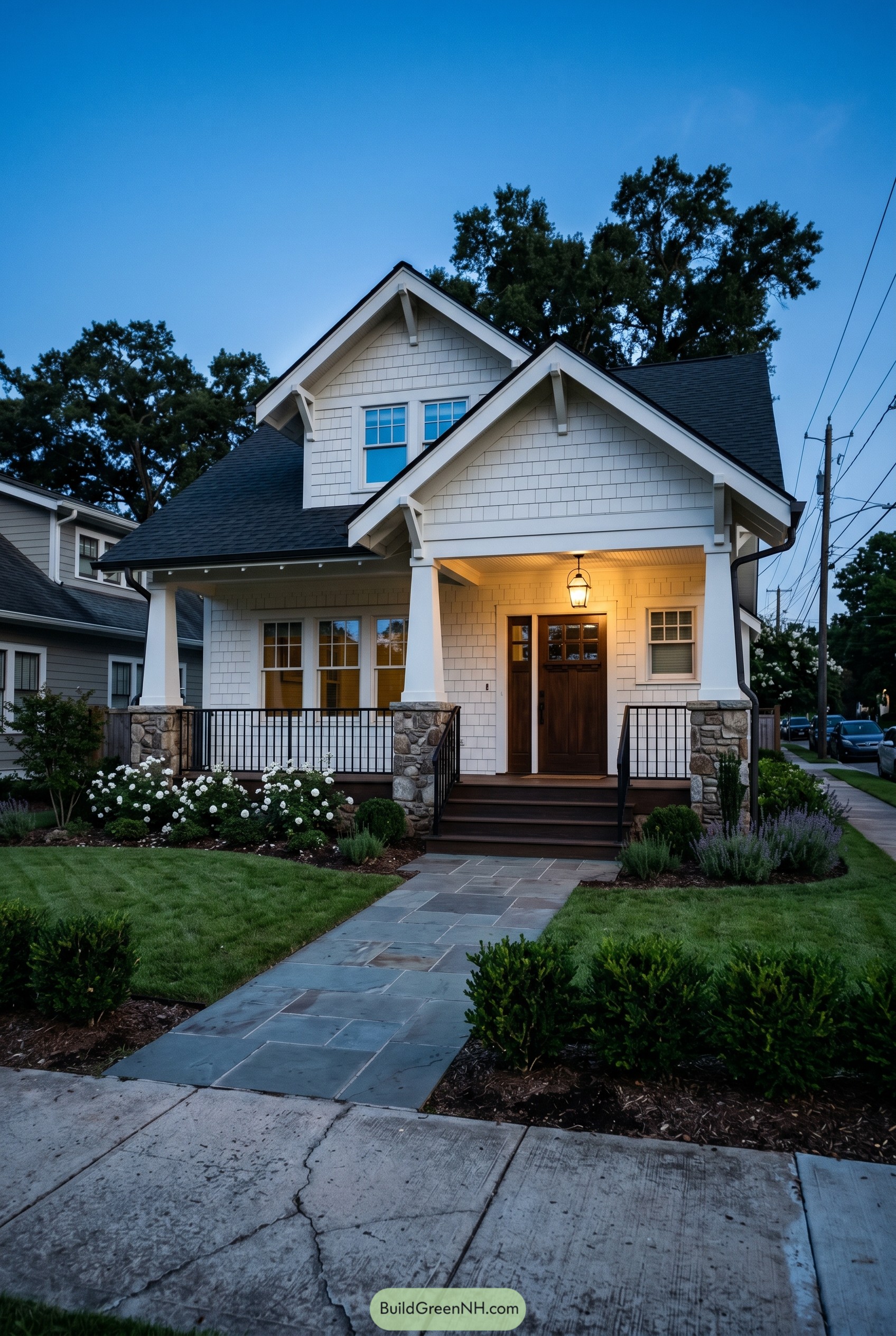 White craftsman bungalow with stone porch piers