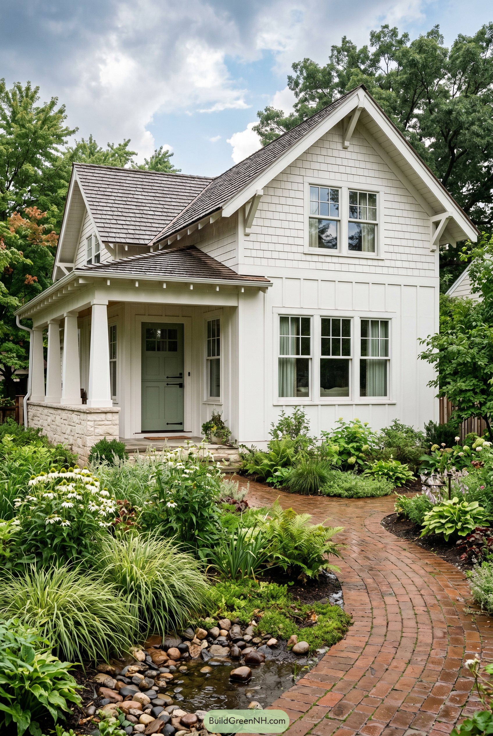 White craftsman bungalow with brick path and lush garden