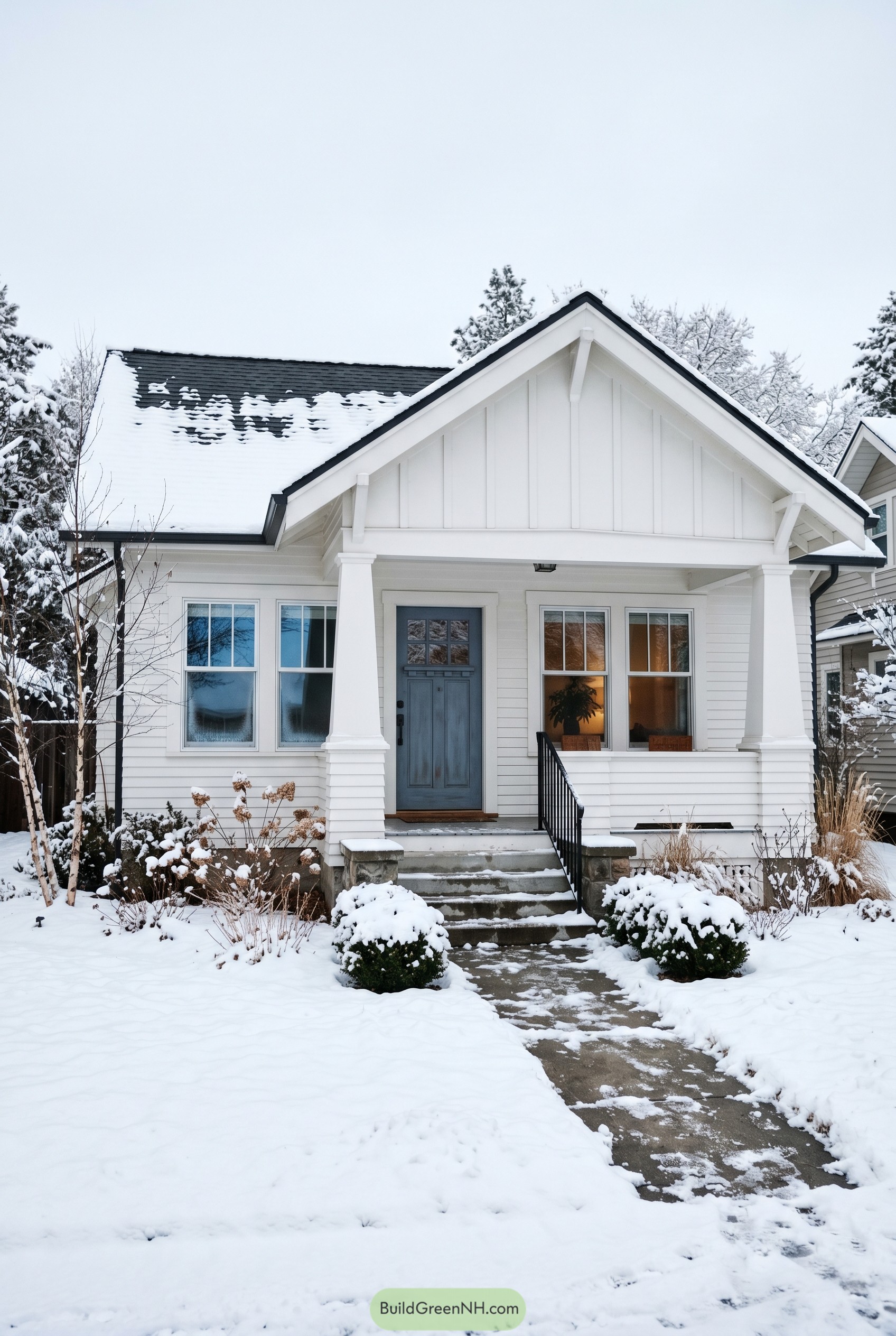 White craftsman bungalow with snow and gray door