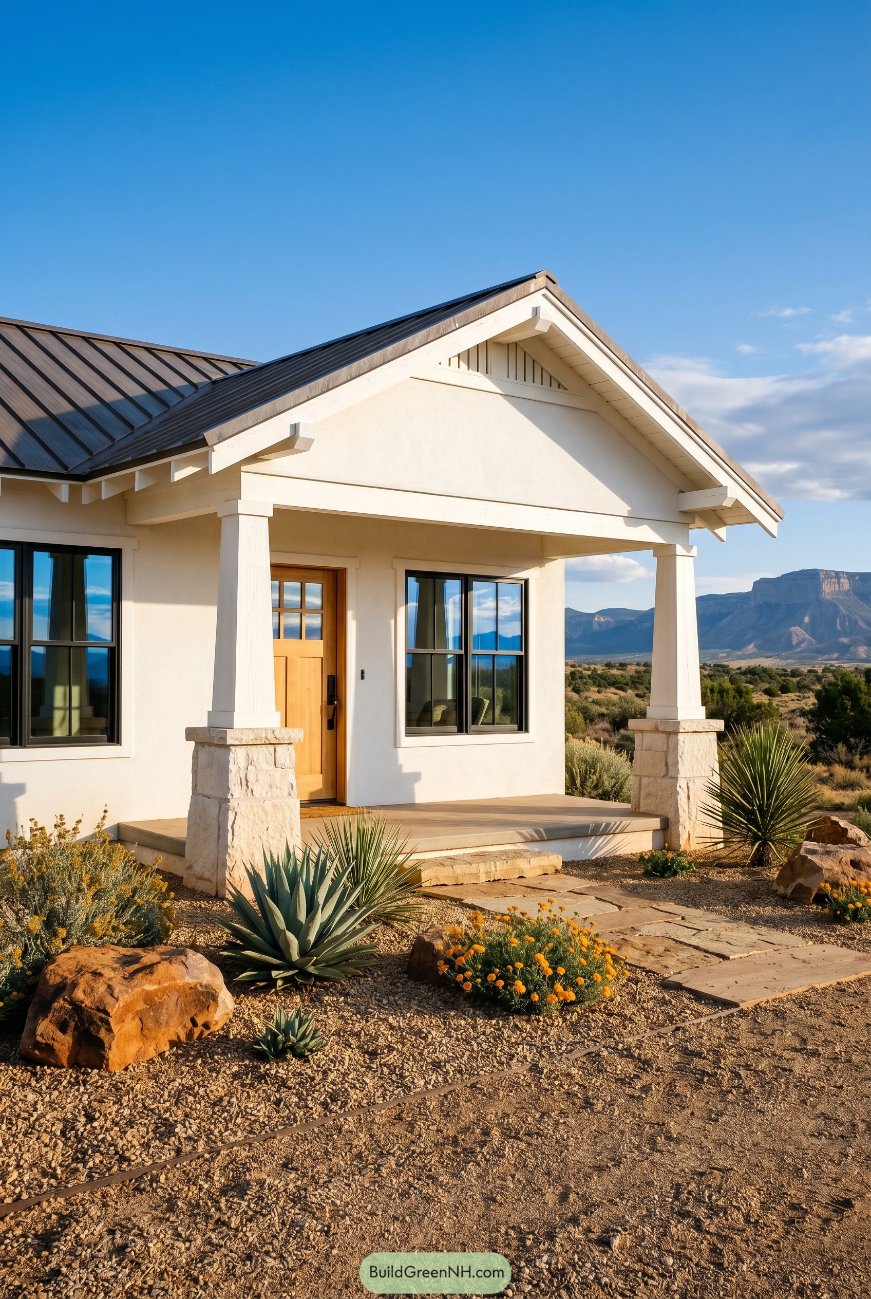 White bungalow with black metal roof
