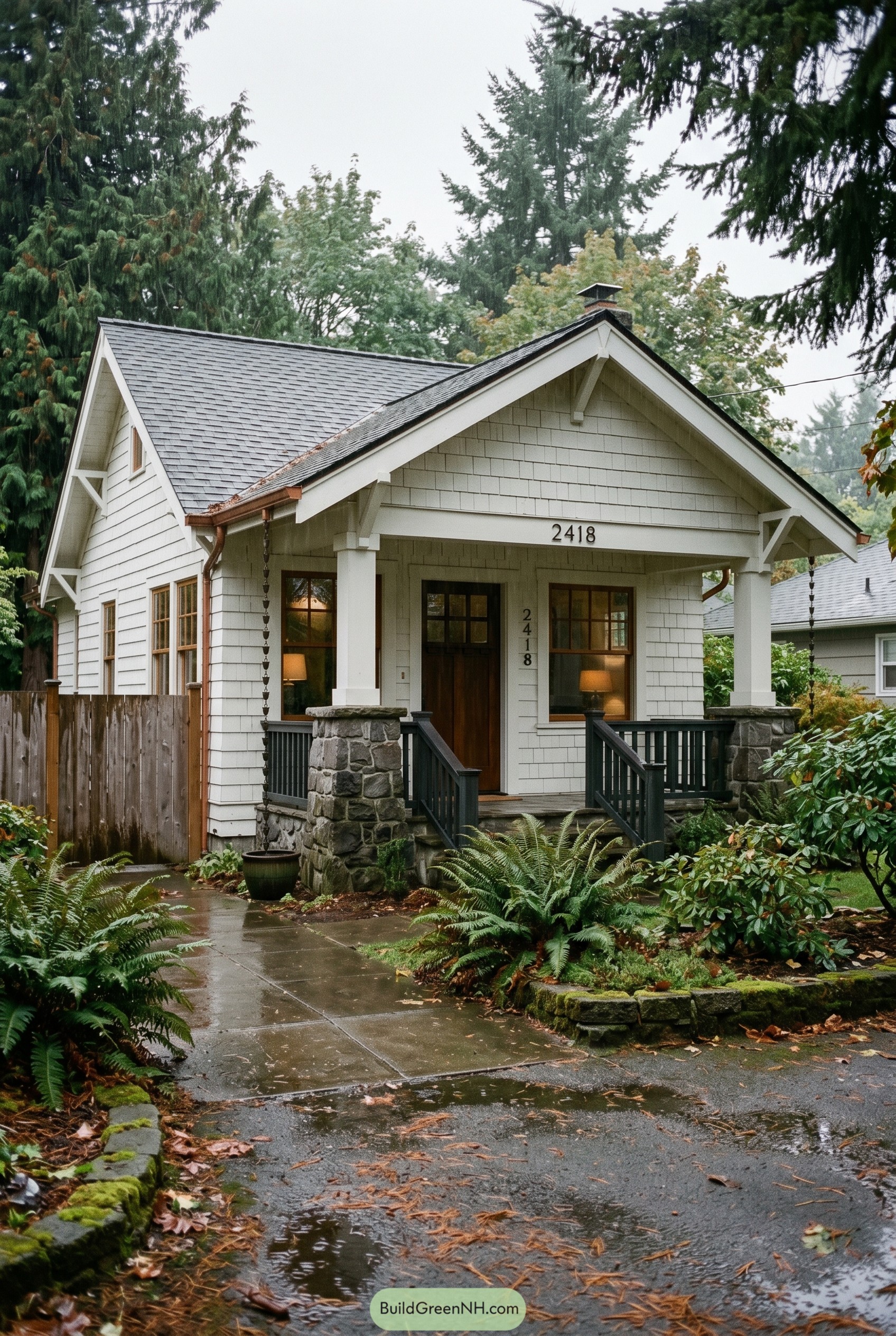 White craftsman bungalow with stone porch piers