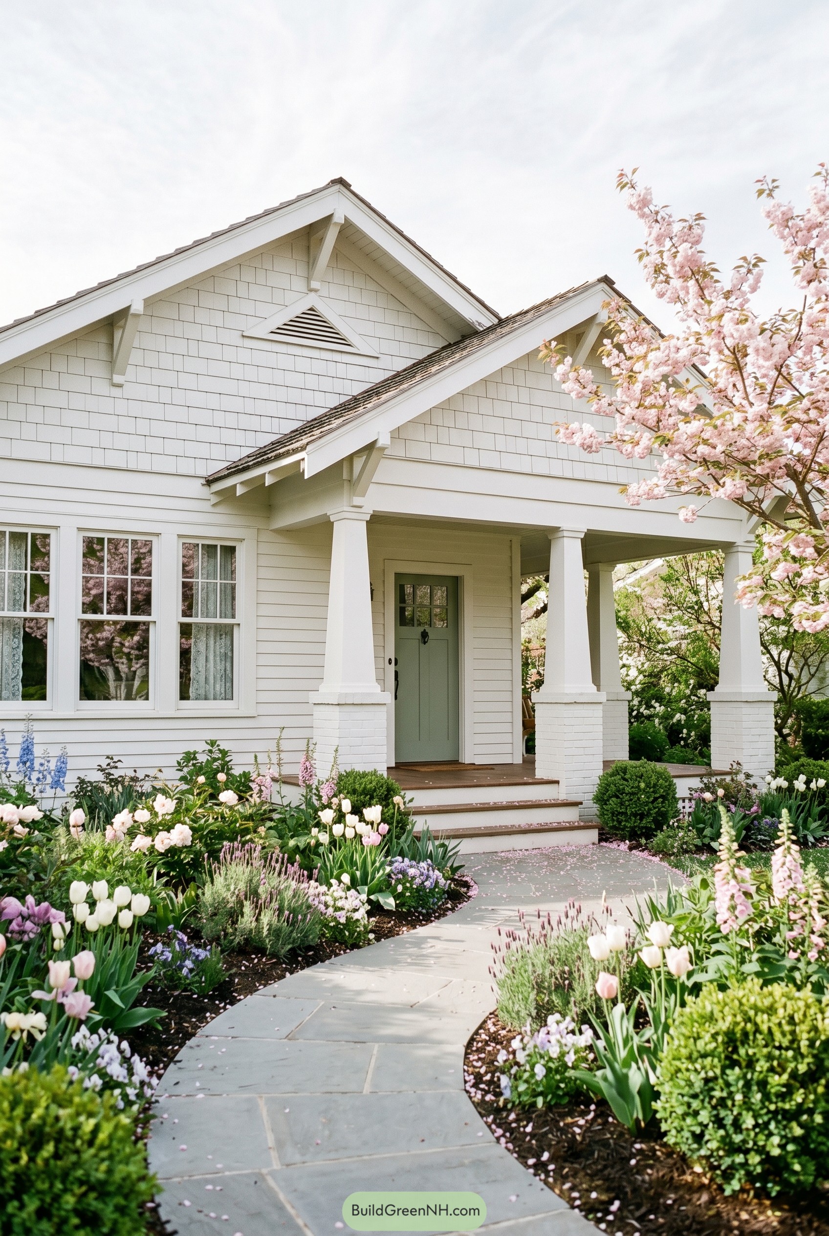 White craftsman bungalow with blooming garden path