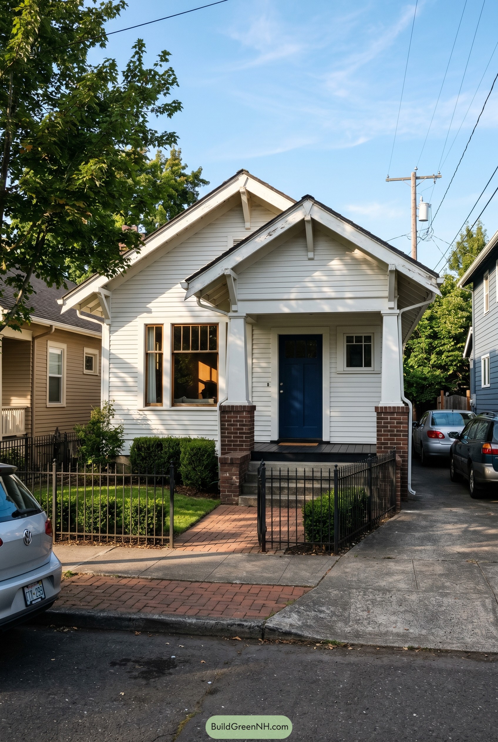 White craftsman bungalow with a blue door