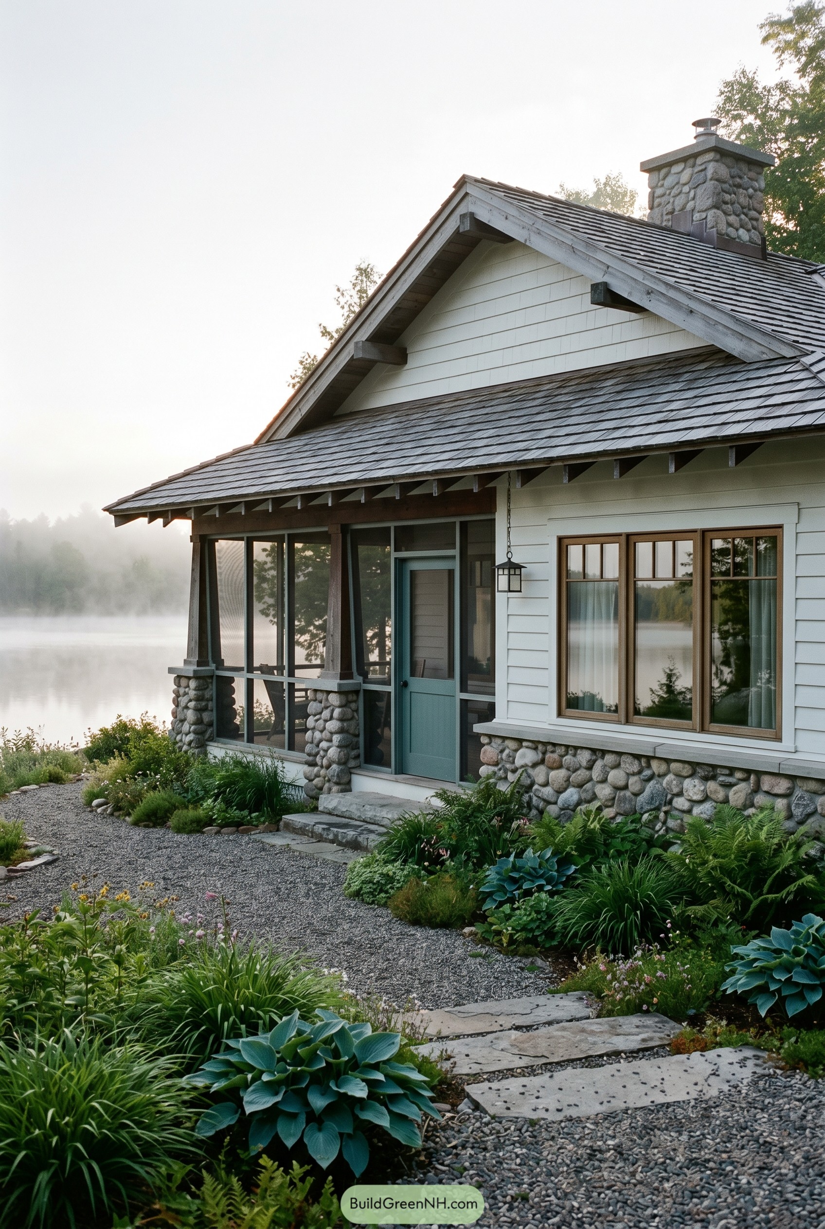 White lakeside craftsman bungalow with stone base