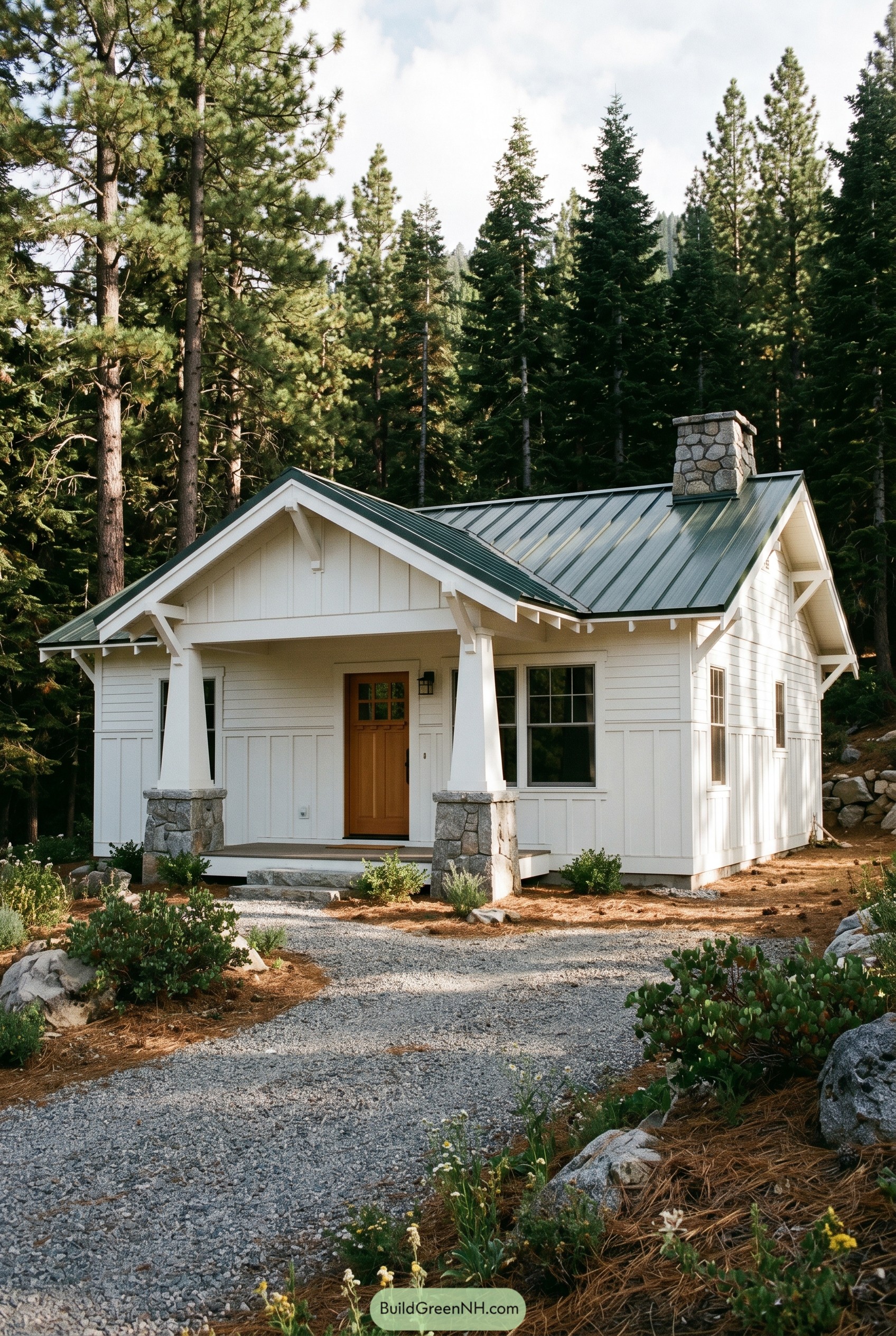 White craftsman bungalow with green metal roof and stone chimney