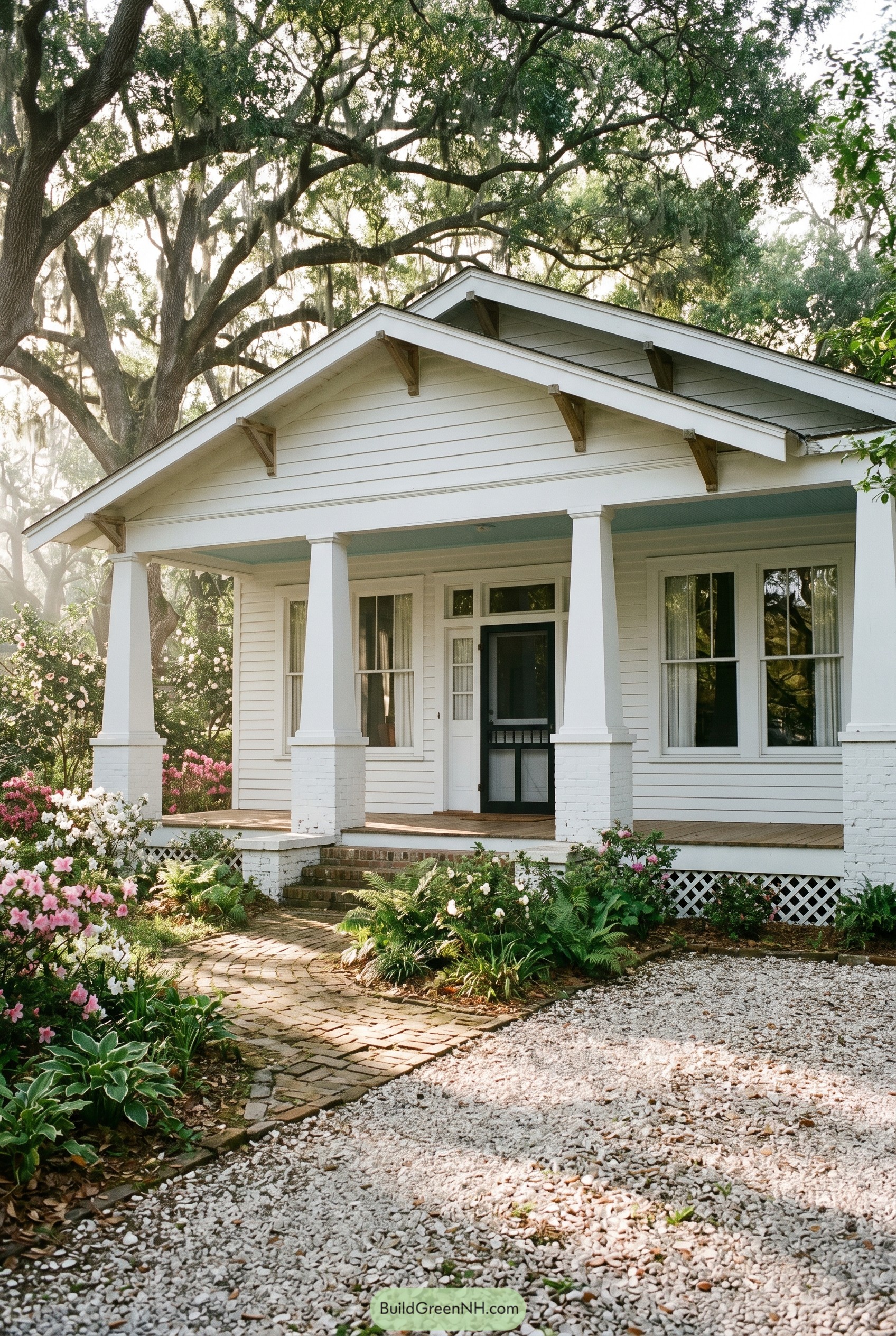 White craftsman bungalow with deep porch under oak trees