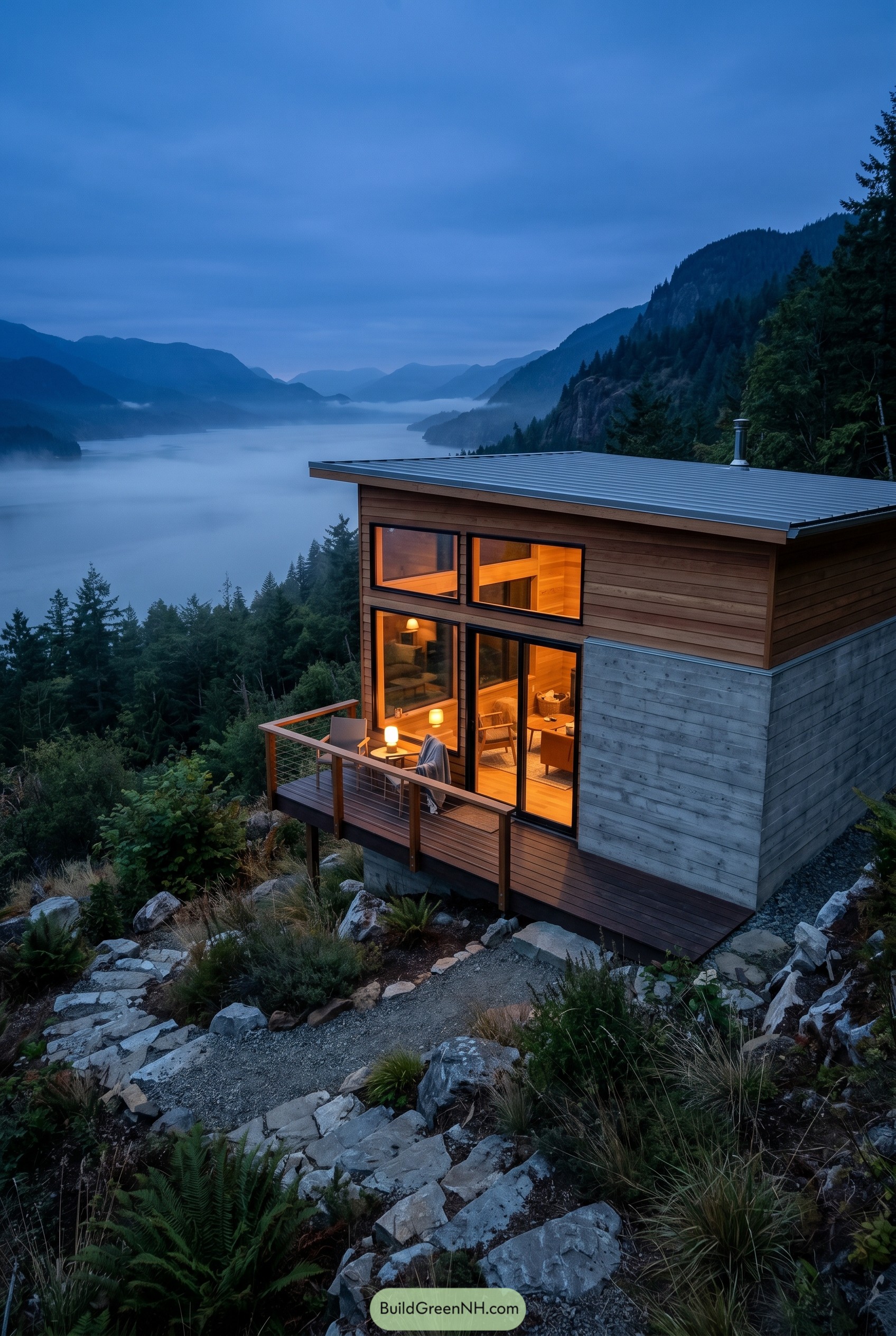 Modern wood and concrete house over misty lake