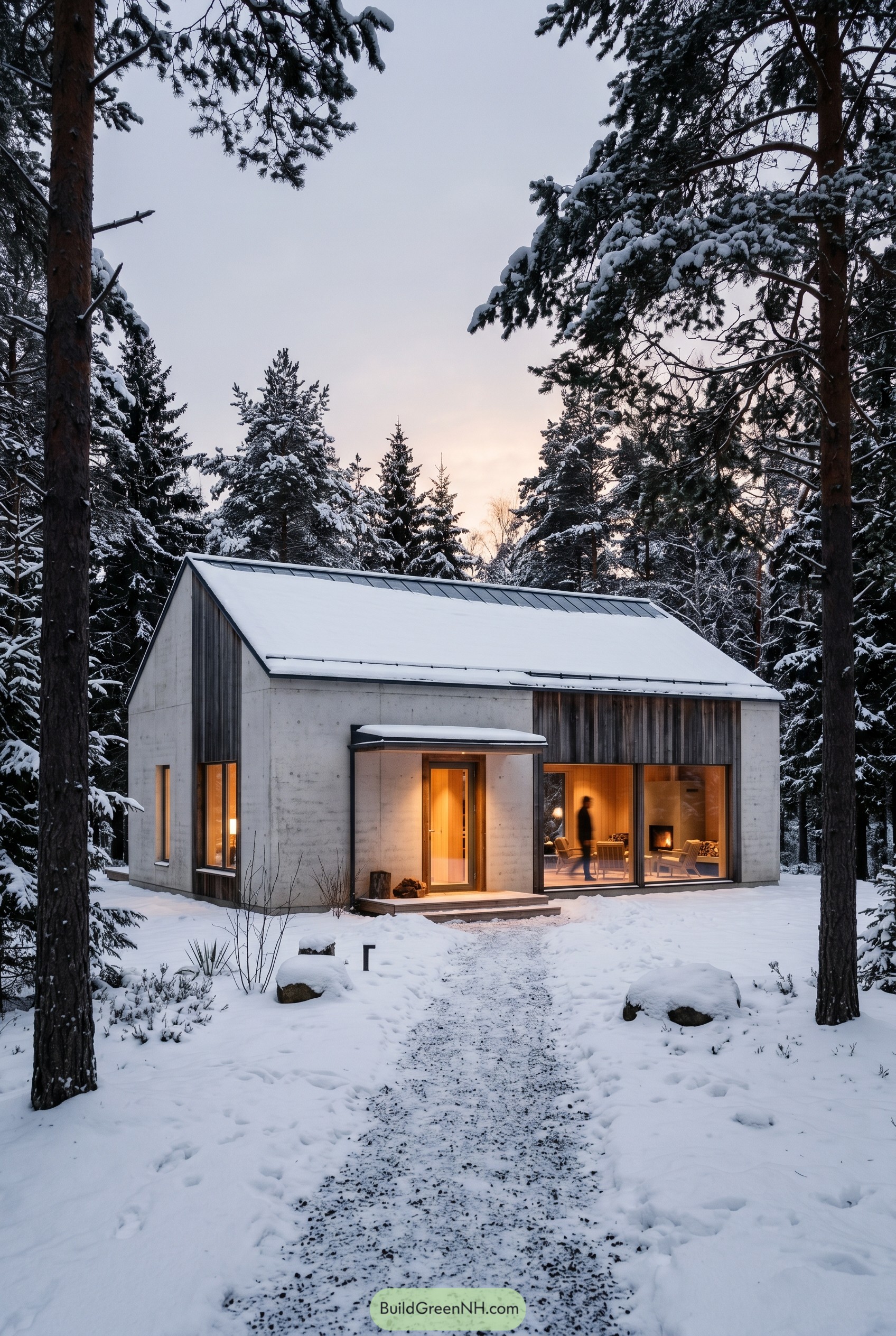 Modern wood and concrete house in snowy pines