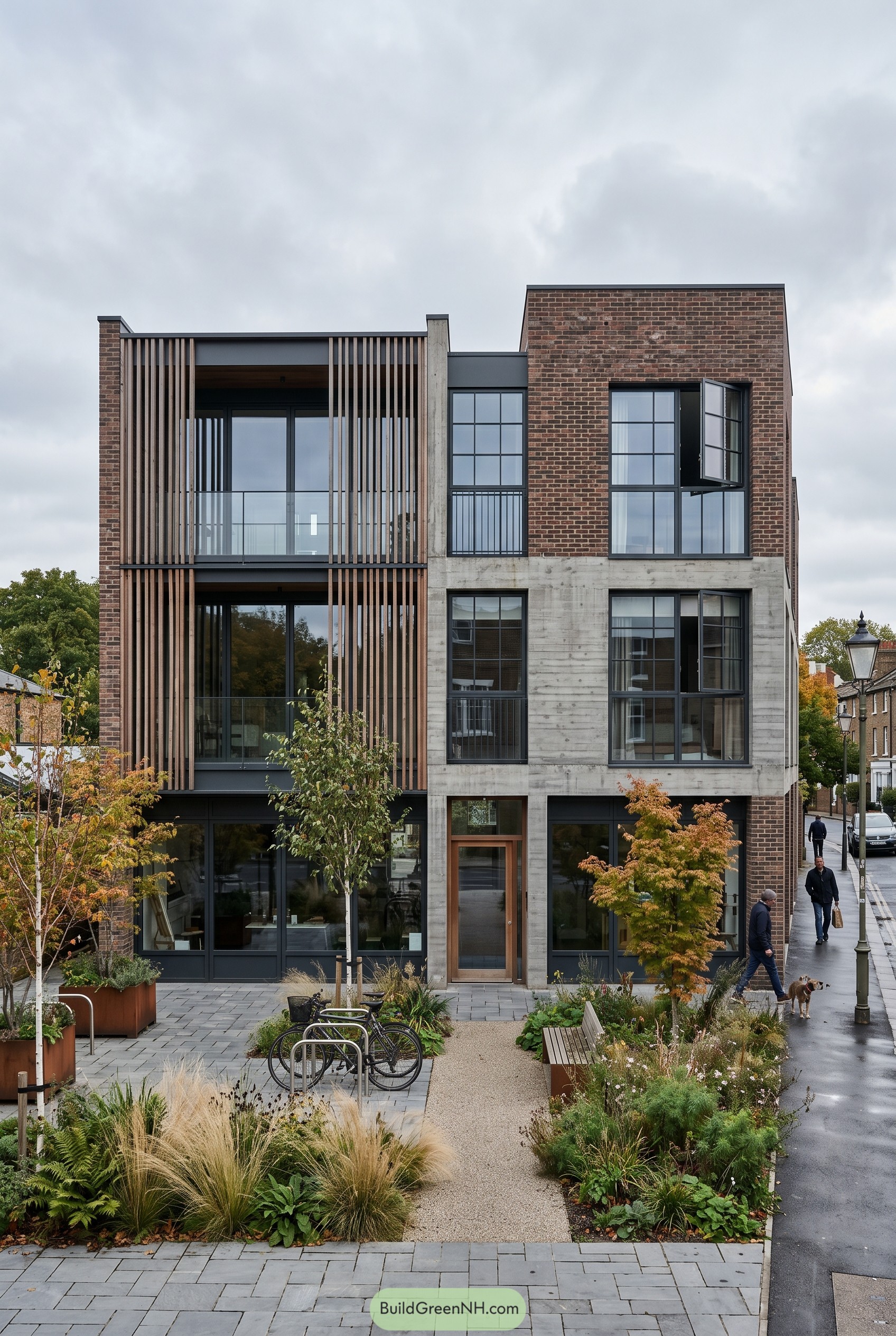 Brick and concrete townhouse with timber screens
