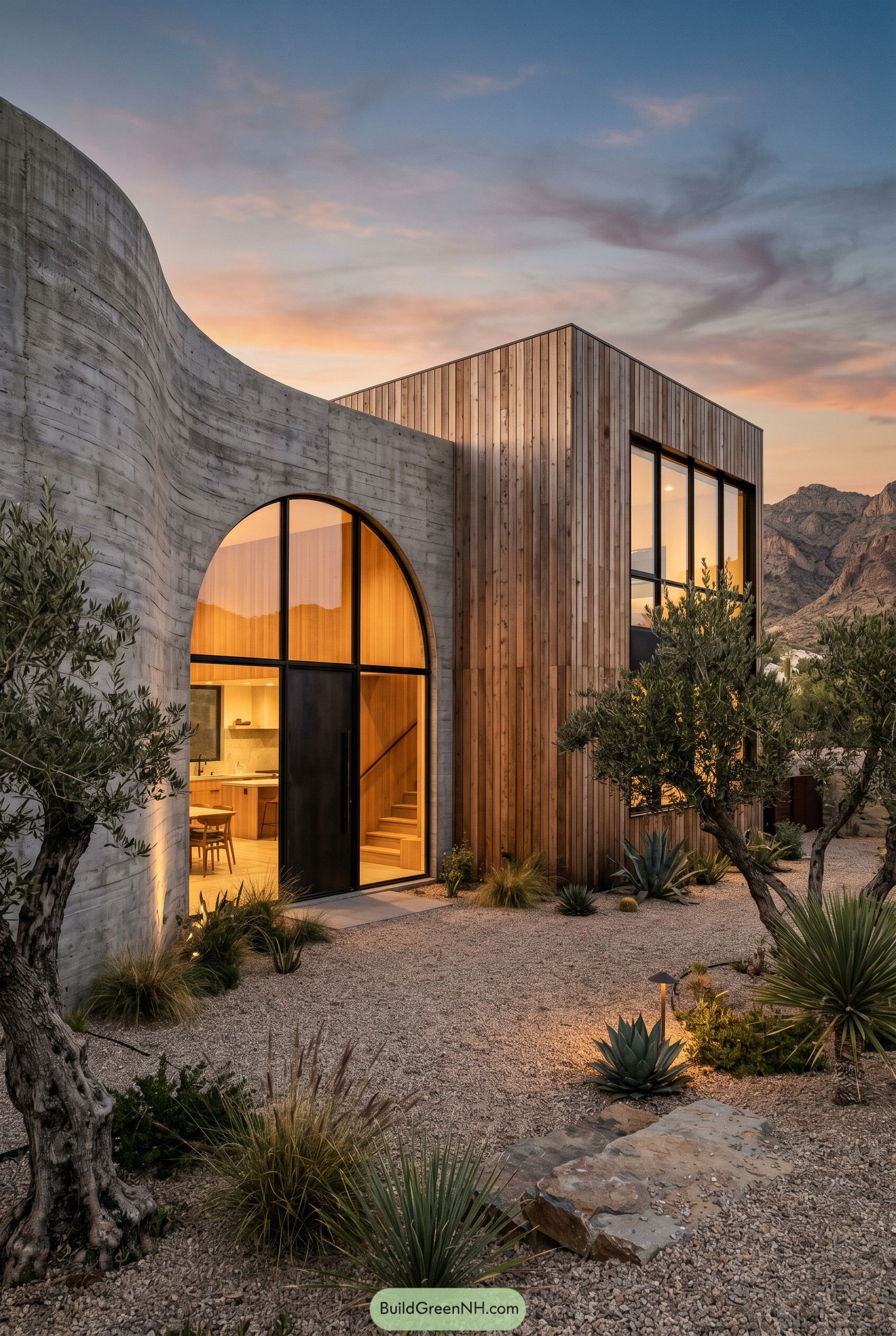 Modern desert house with curved concrete wall and timber facade