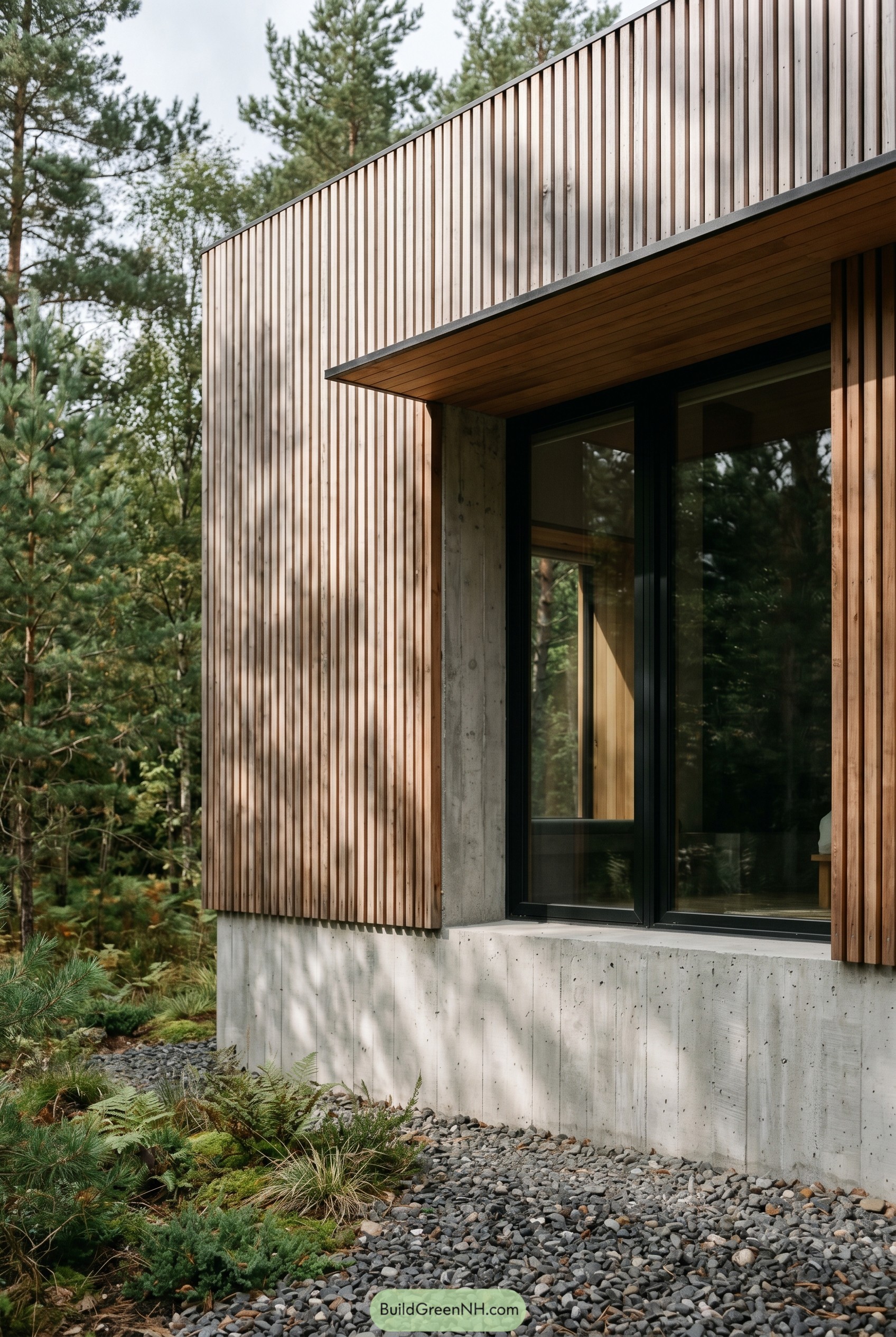Modern wood and concrete house corner in pines