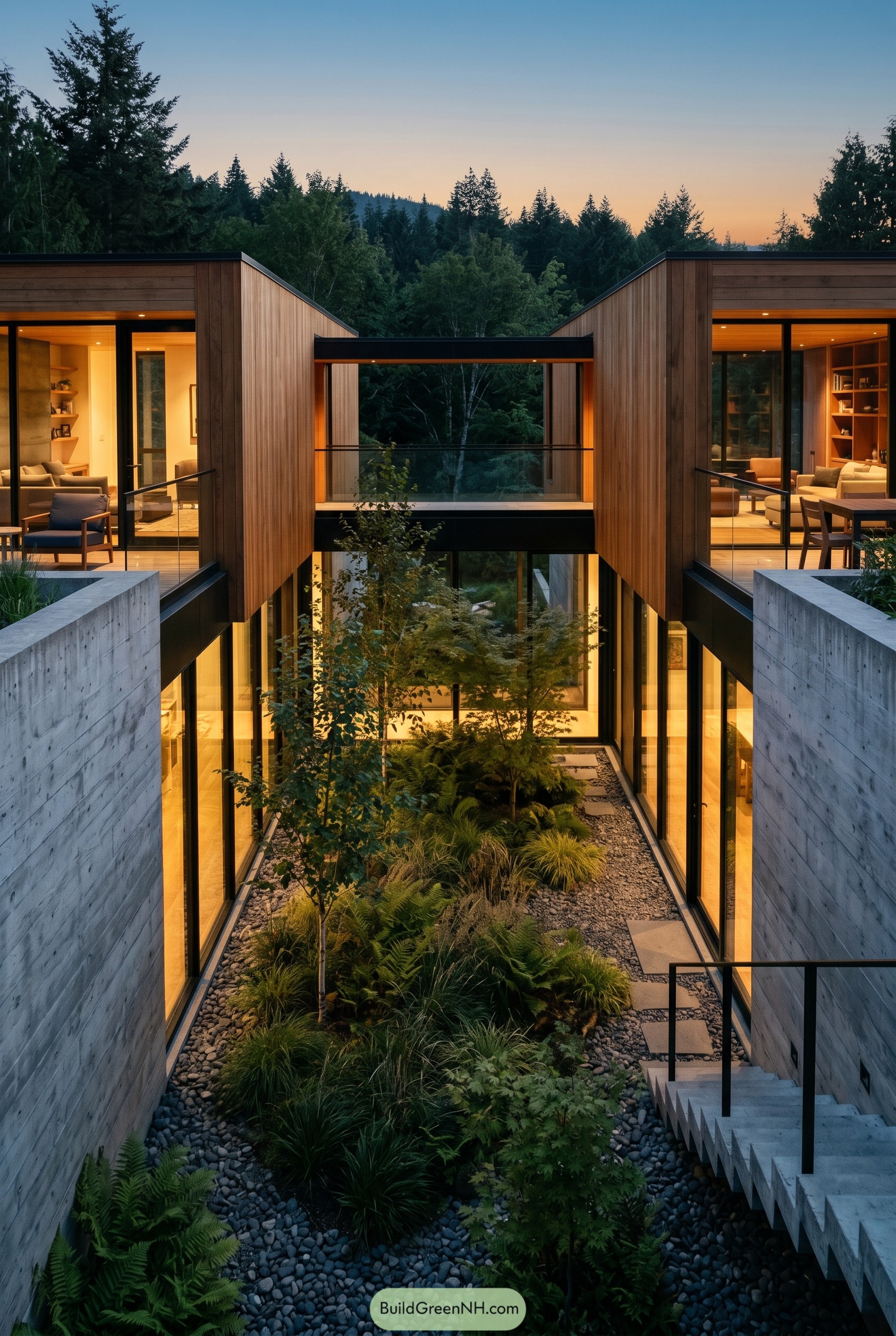Wood and concrete home with a planted sunken courtyard