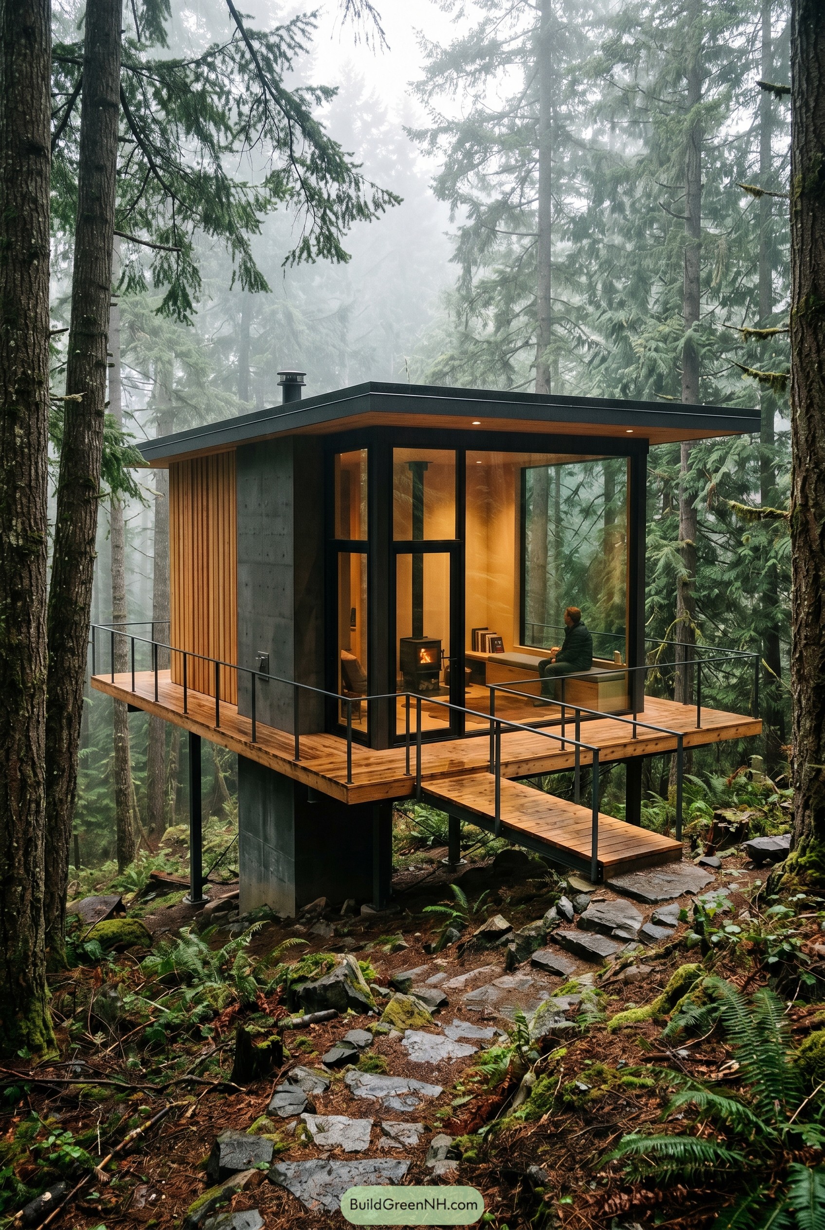 Elevated wood and concrete cabin in misty forest