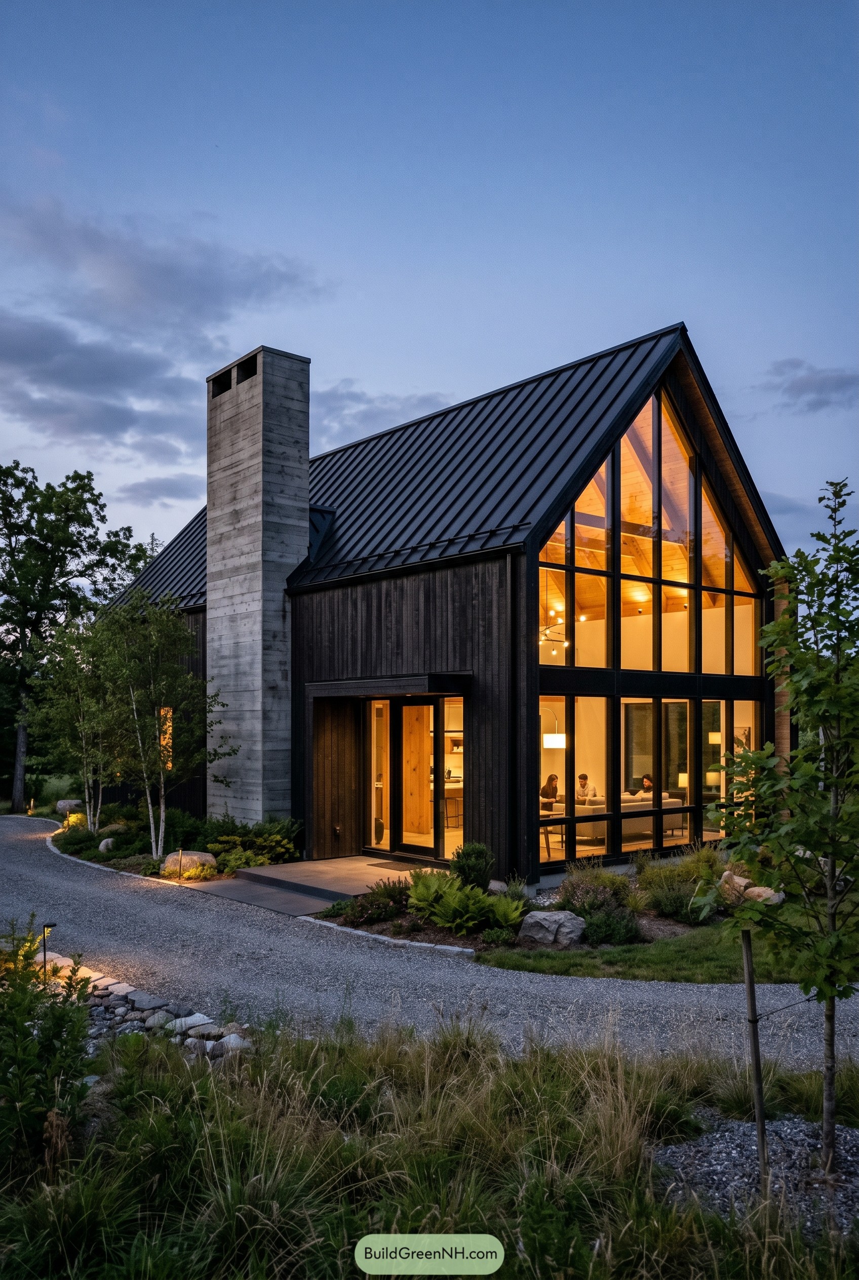 Modern black timber house with tall concrete chimney