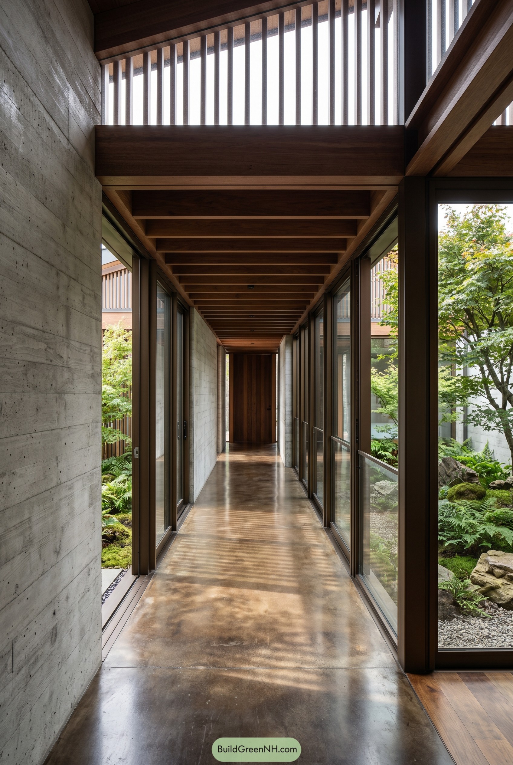 Concrete and wood corridor beside lush courtyard