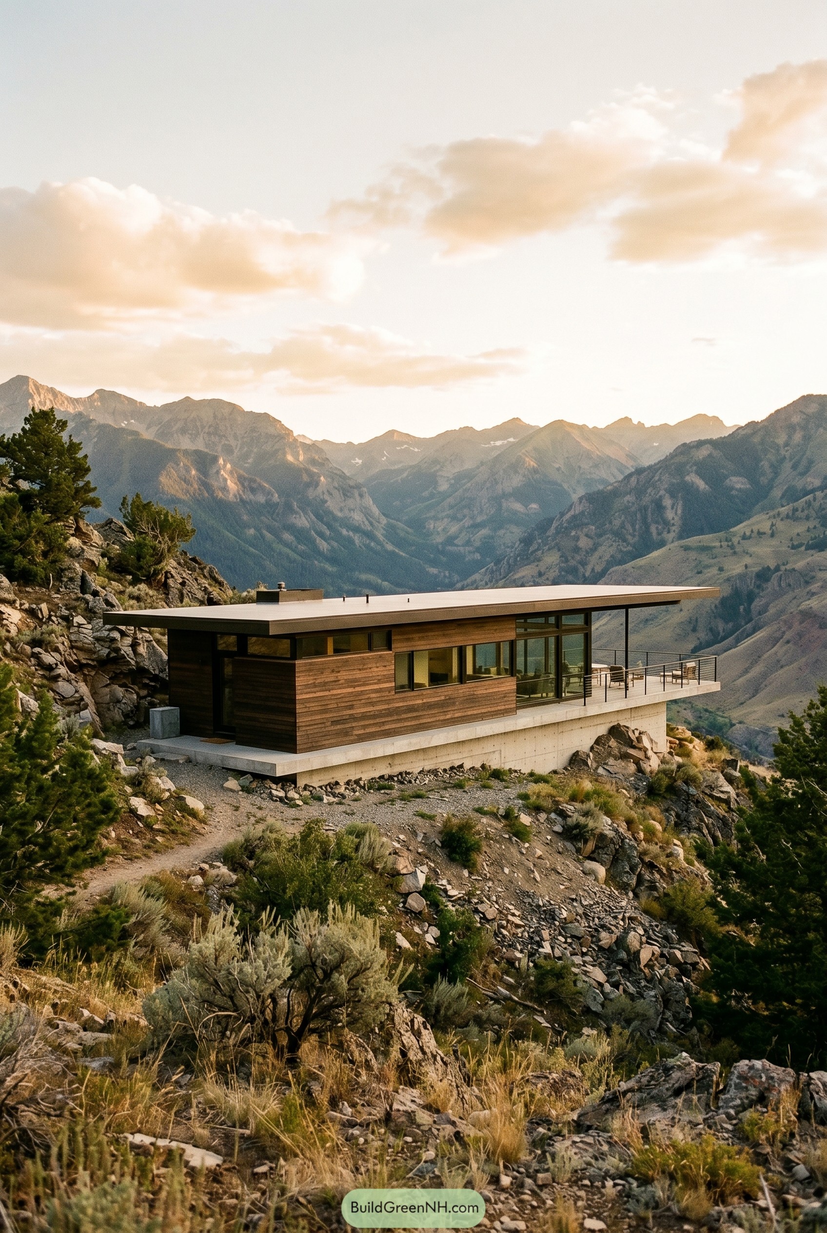 Modern wood and concrete mountain house on rocky slope
