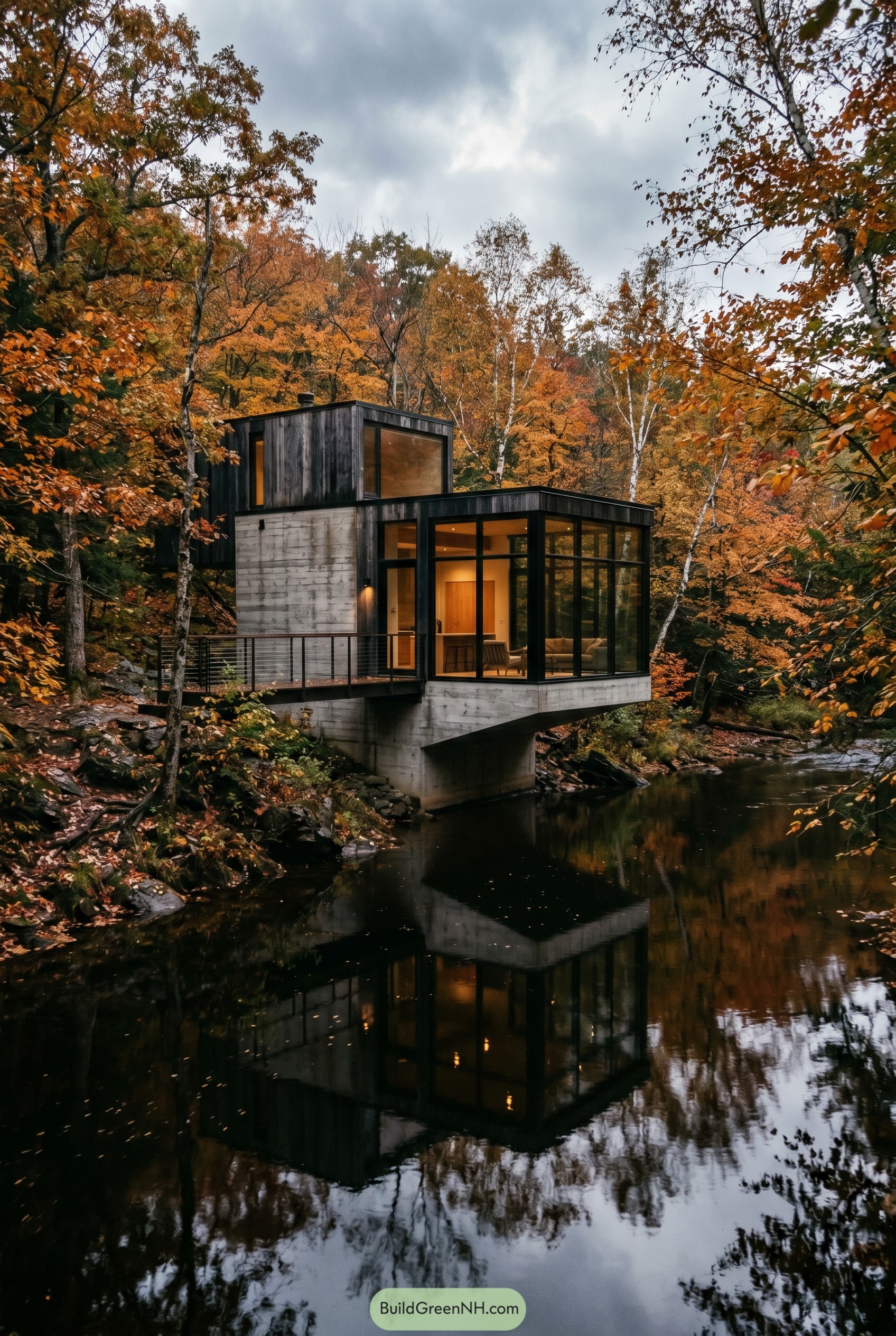 Wood and concrete house above a forest creek