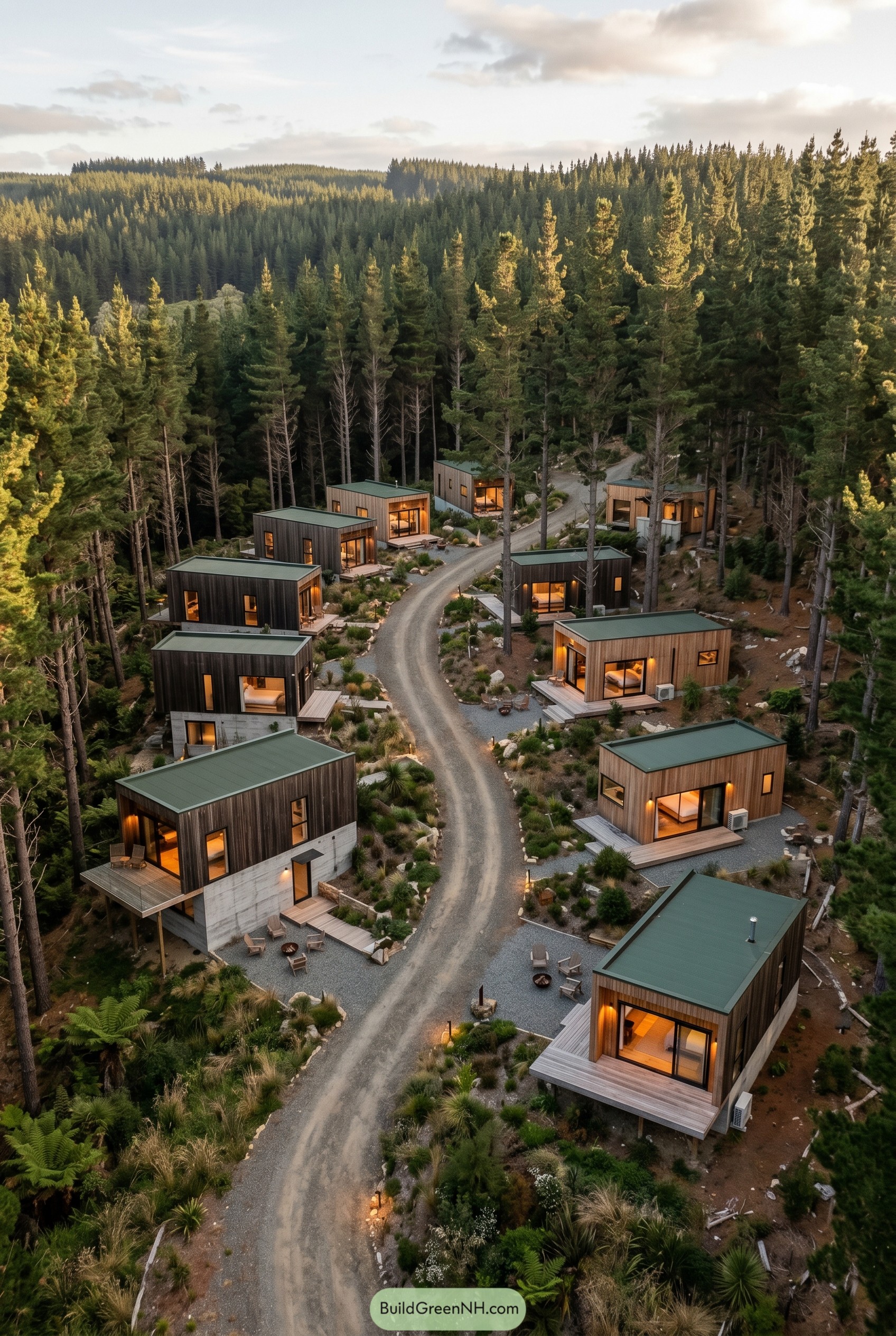 Cluster of modern cabins along a forest road