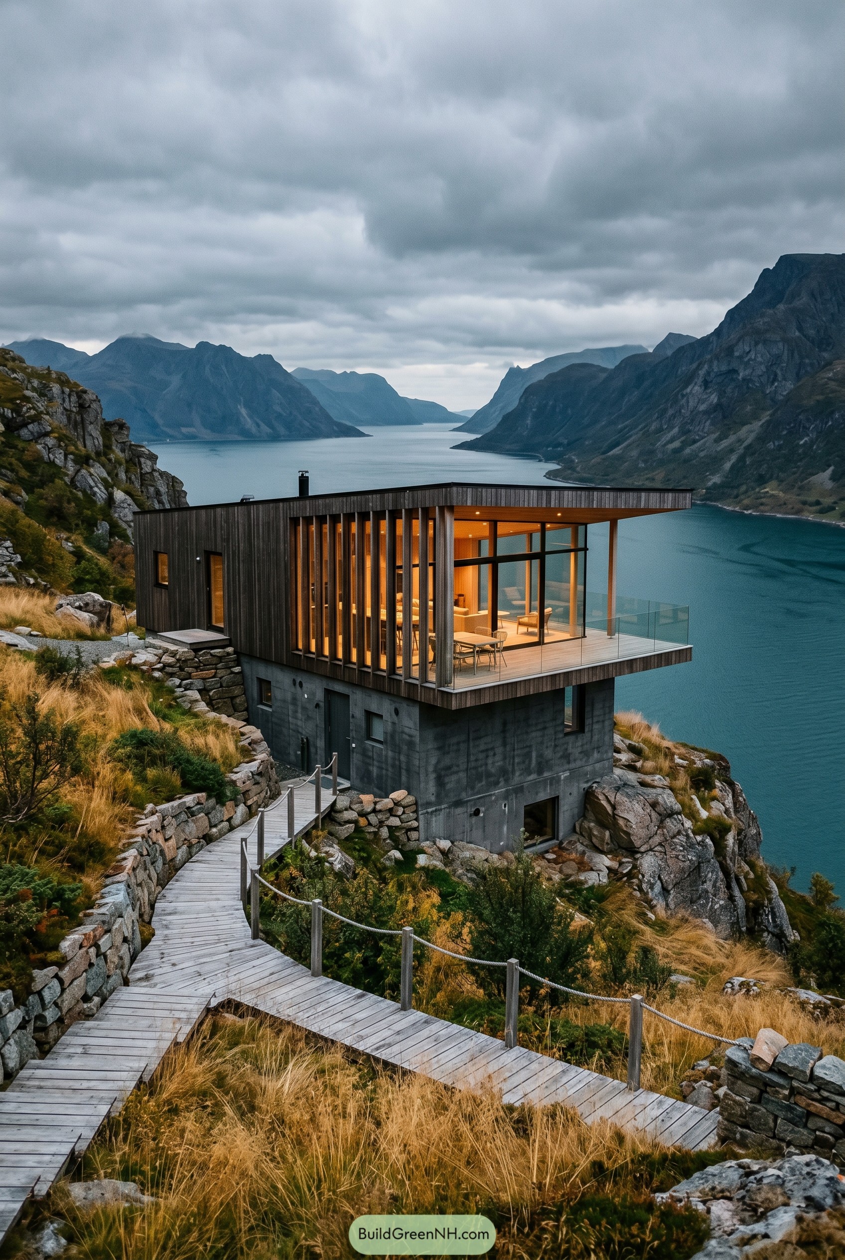 Cliffside wood and concrete house above a fjord
