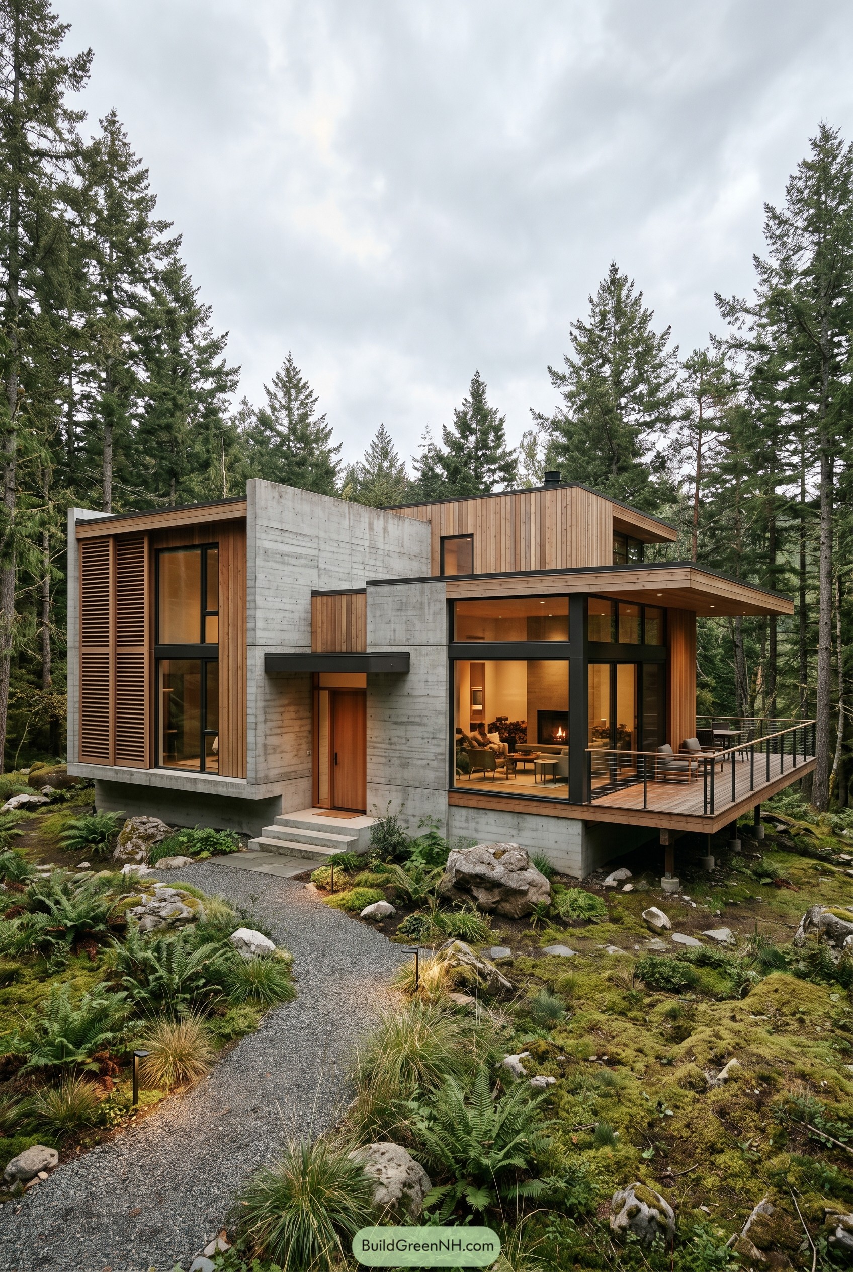 Modern wood and concrete house in a forest