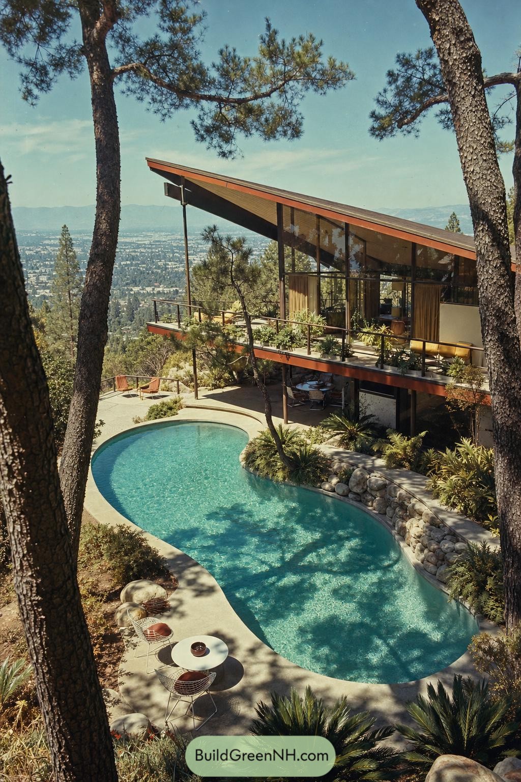 Midcentury hillside home with a curving pool among pines