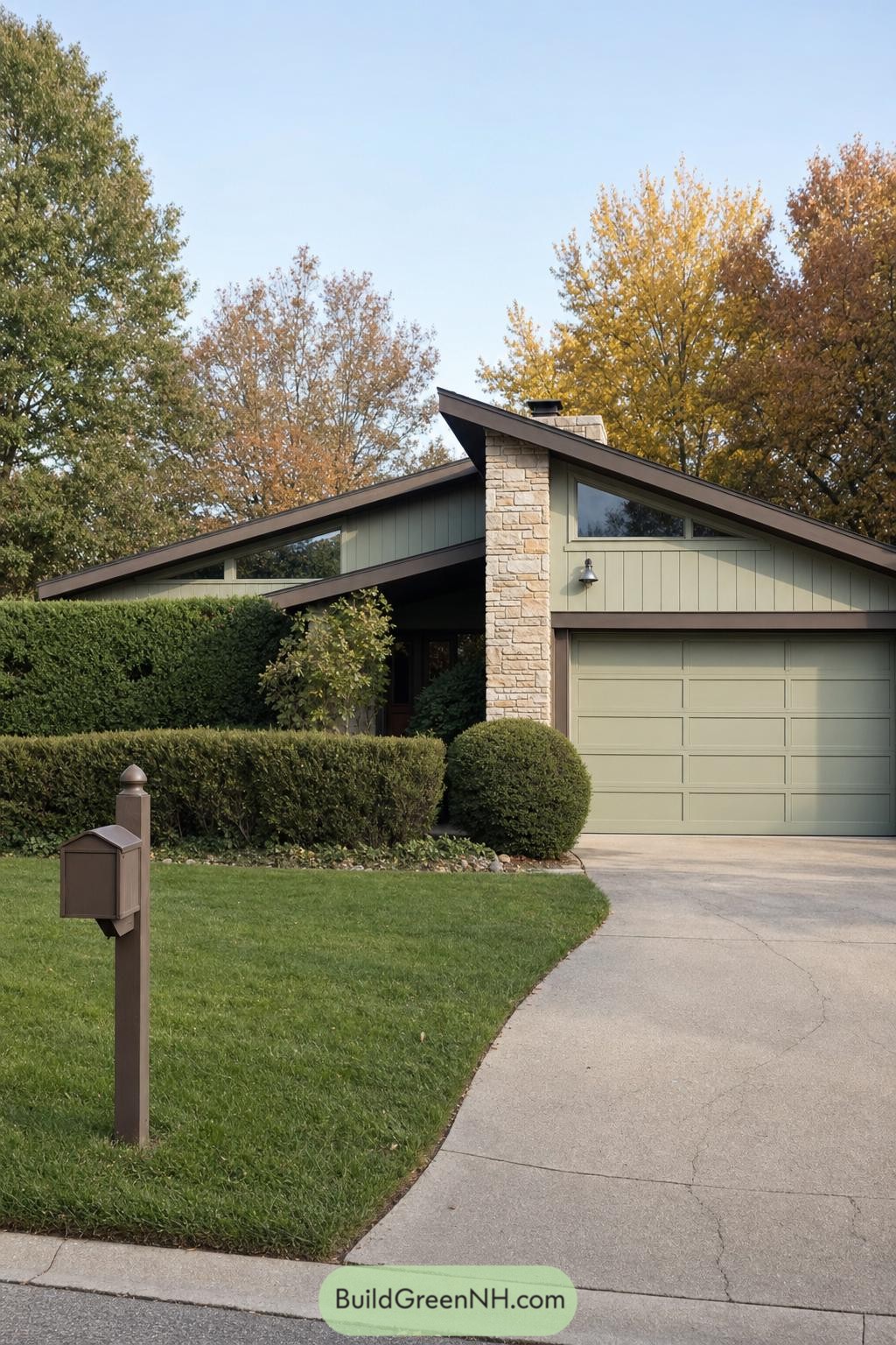 Sage green ranch home with stone chimney and angular roofline