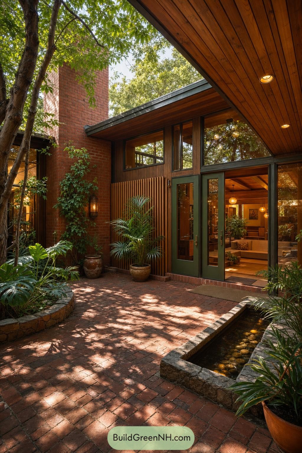 Brick courtyard entry with green doors and reflecting pool