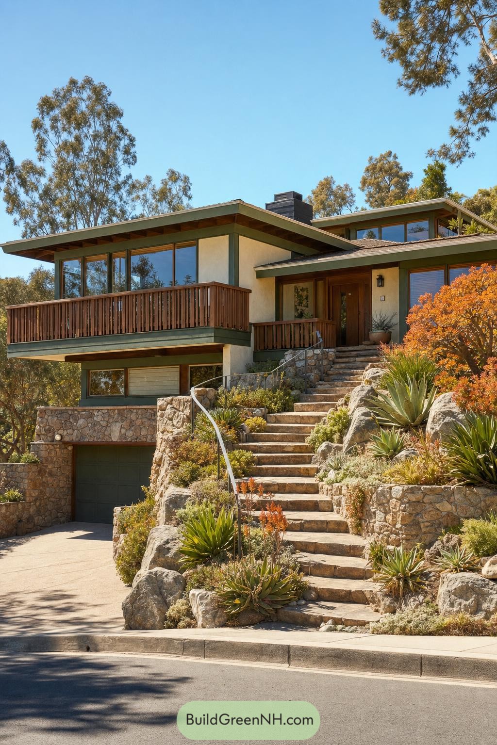 1970s hillside home with deep eaves and stone terraces
