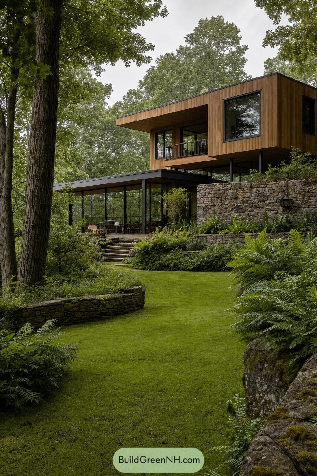 Wood-clad modern house with glass walls among mature trees