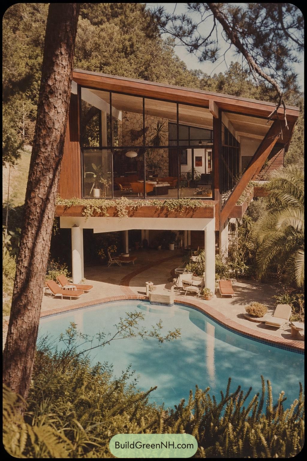 Wood and glass hillside home overlooking a curved swimming pool