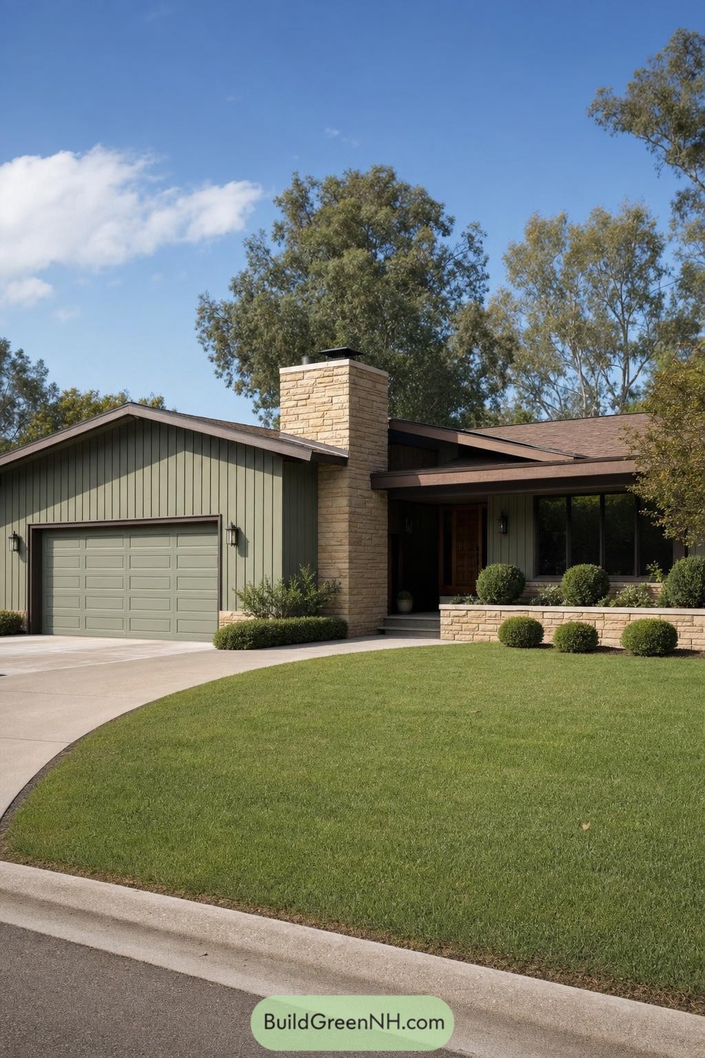 Low gabled ranch house with green siding and stone chimney