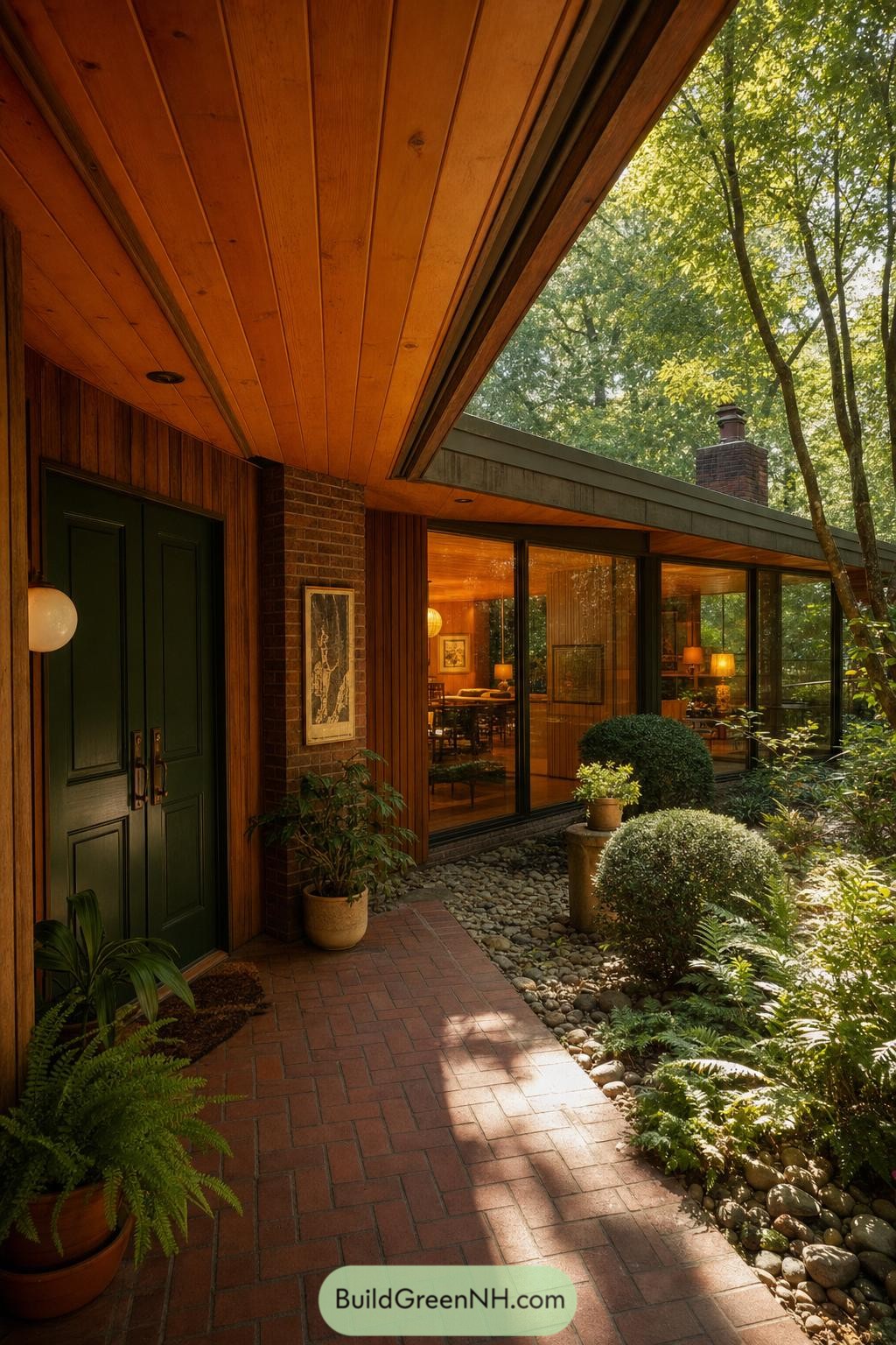 Wooded midcentury entry with brick path and glass walls