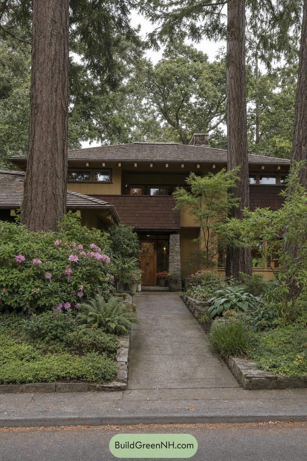 Wood shingle house nestled among towering evergreens